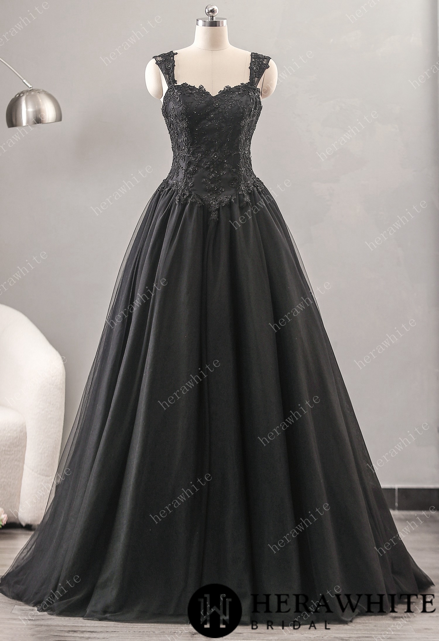 Relaxed A-Line Black Wedding Dress With Detachable Cape