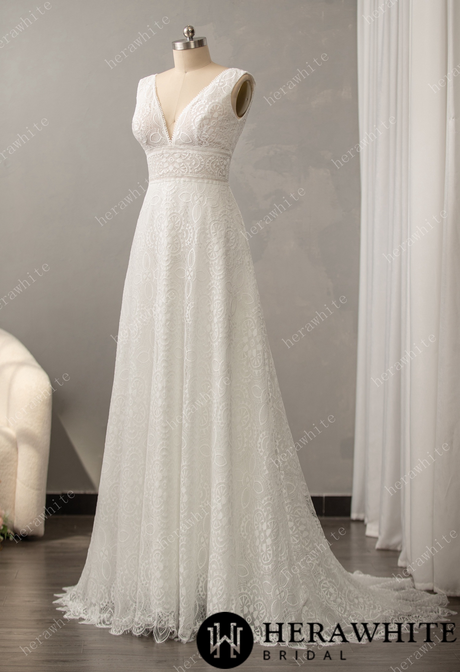 Boho Allover Lace A-Line Wedding Dress with V-Neckline
