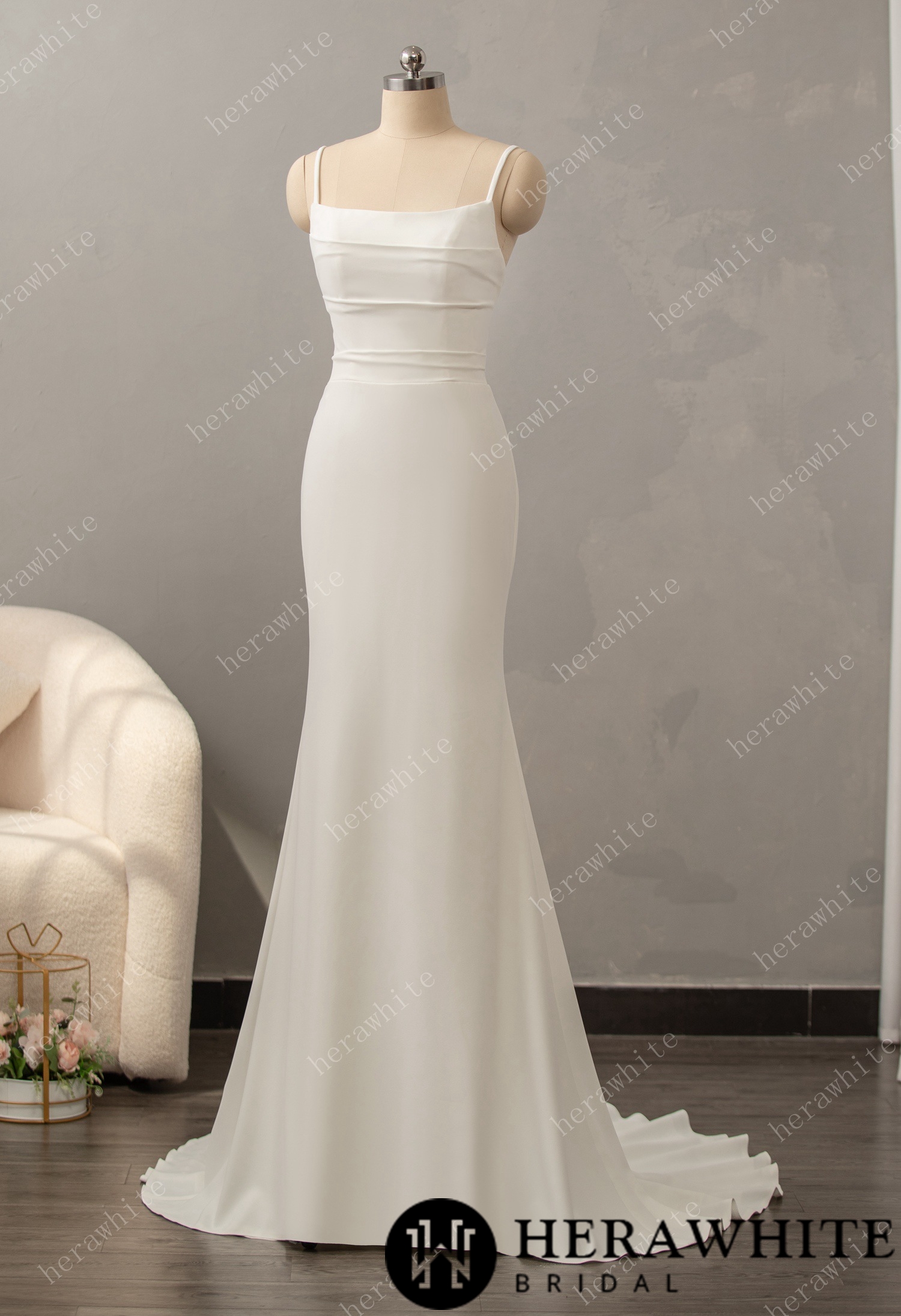 Classic Crepe Fit and Flare with Square Neckline  Wedding Dress