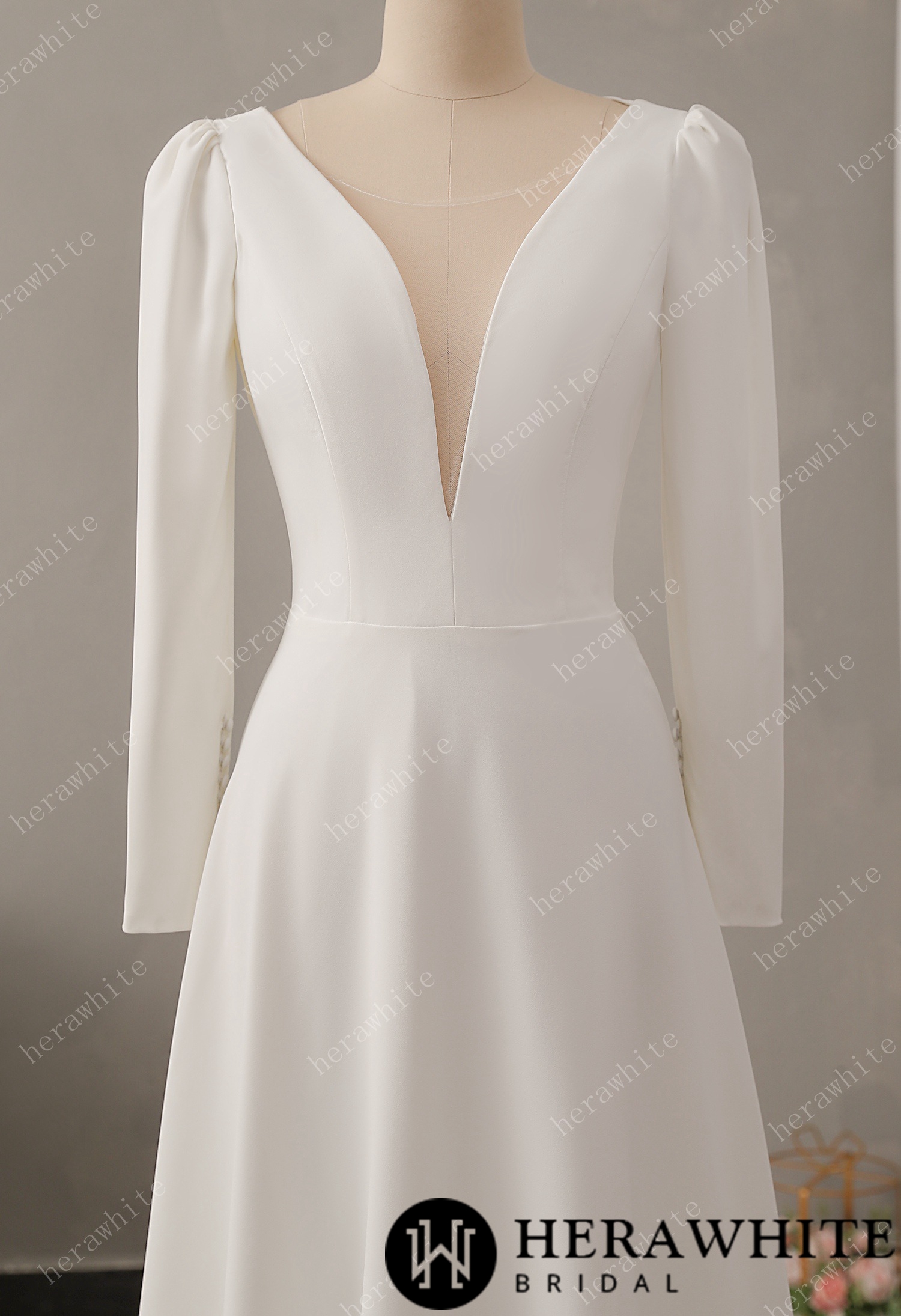 Crepe Plunging V-neckline Wedding Dress with Long Sleeve