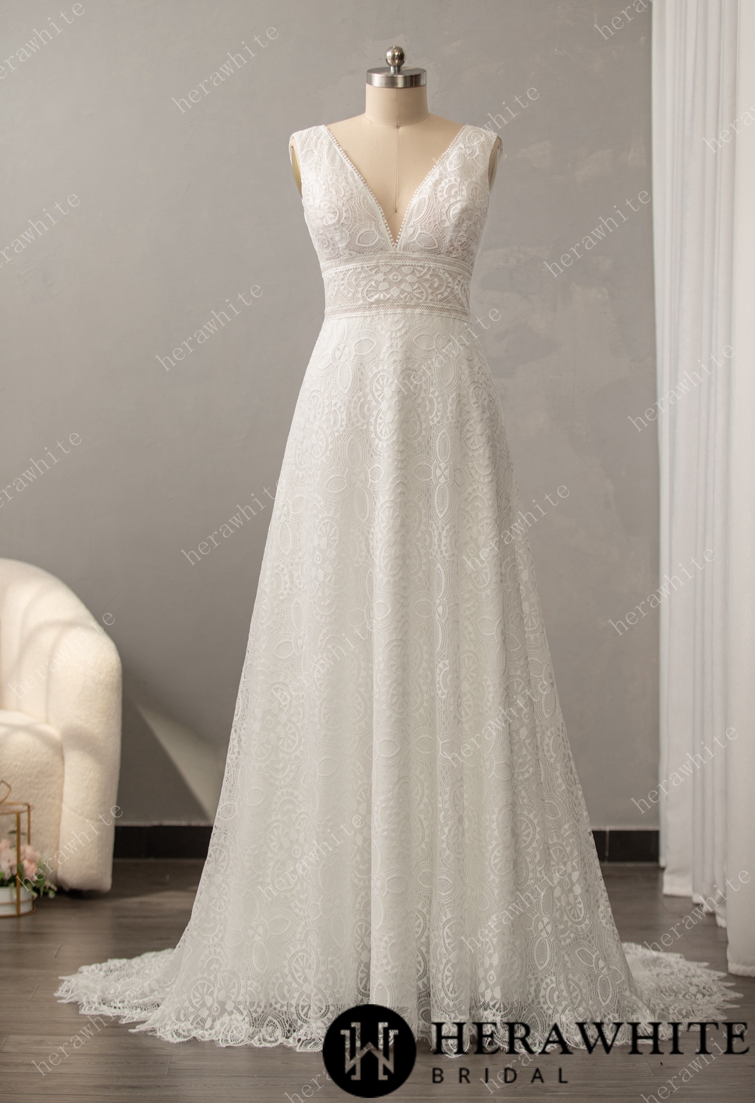 Boho Allover Lace A-Line Wedding Dress with V-Neckline