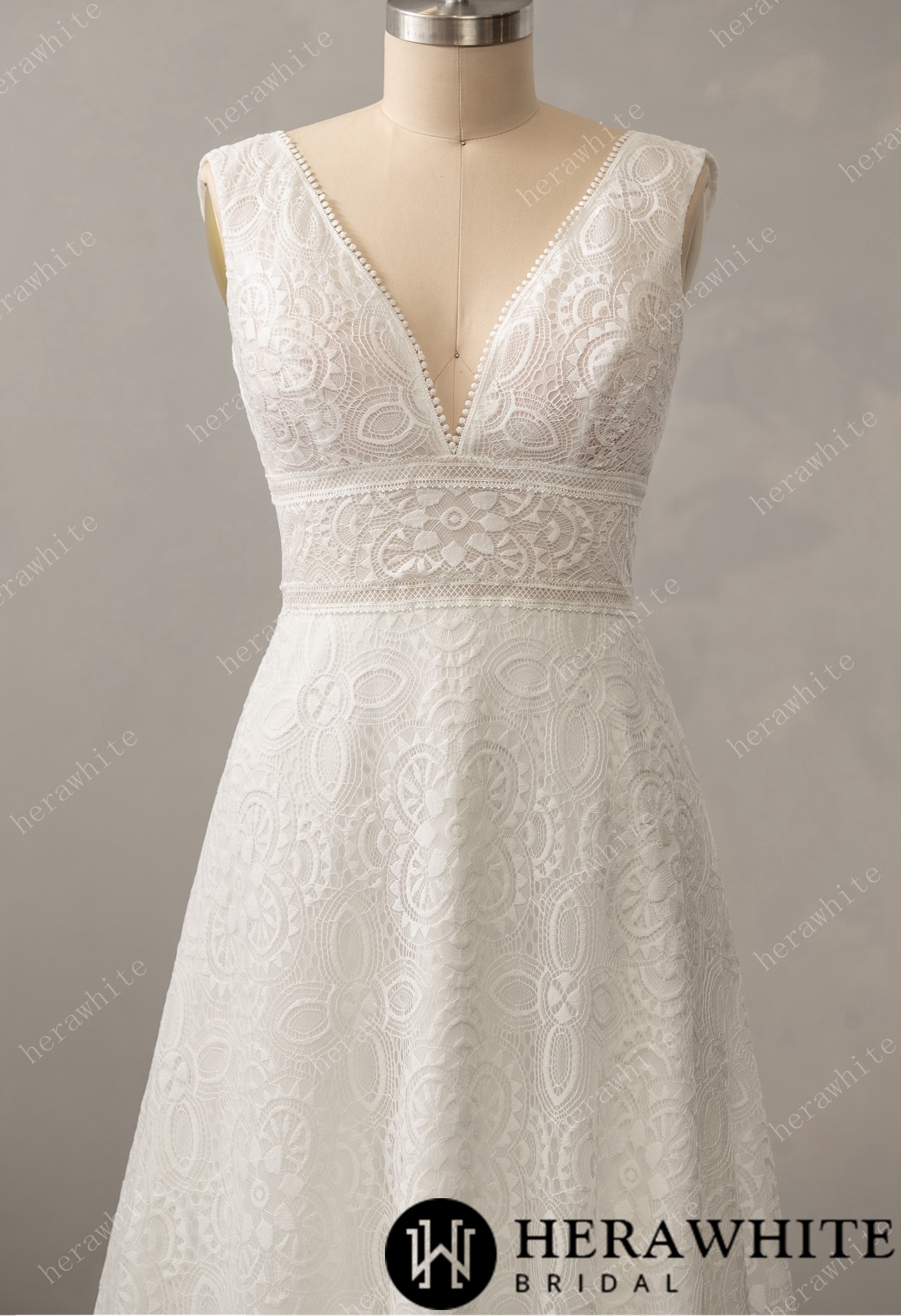 Boho Allover Lace A-Line Wedding Dress with V-Neckline