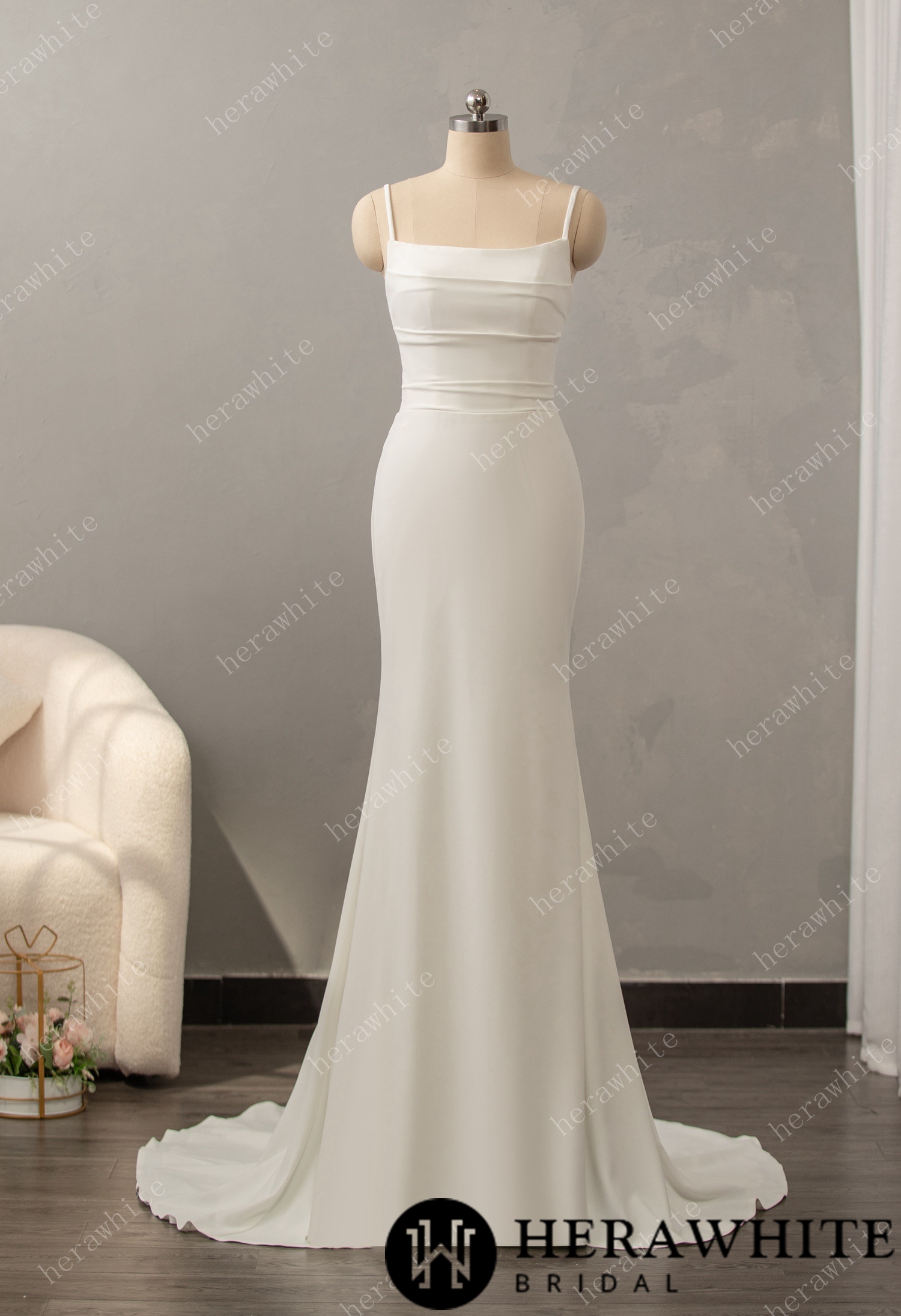 Classic Crepe Fit and Flare with Square Neckline  Wedding Dress
