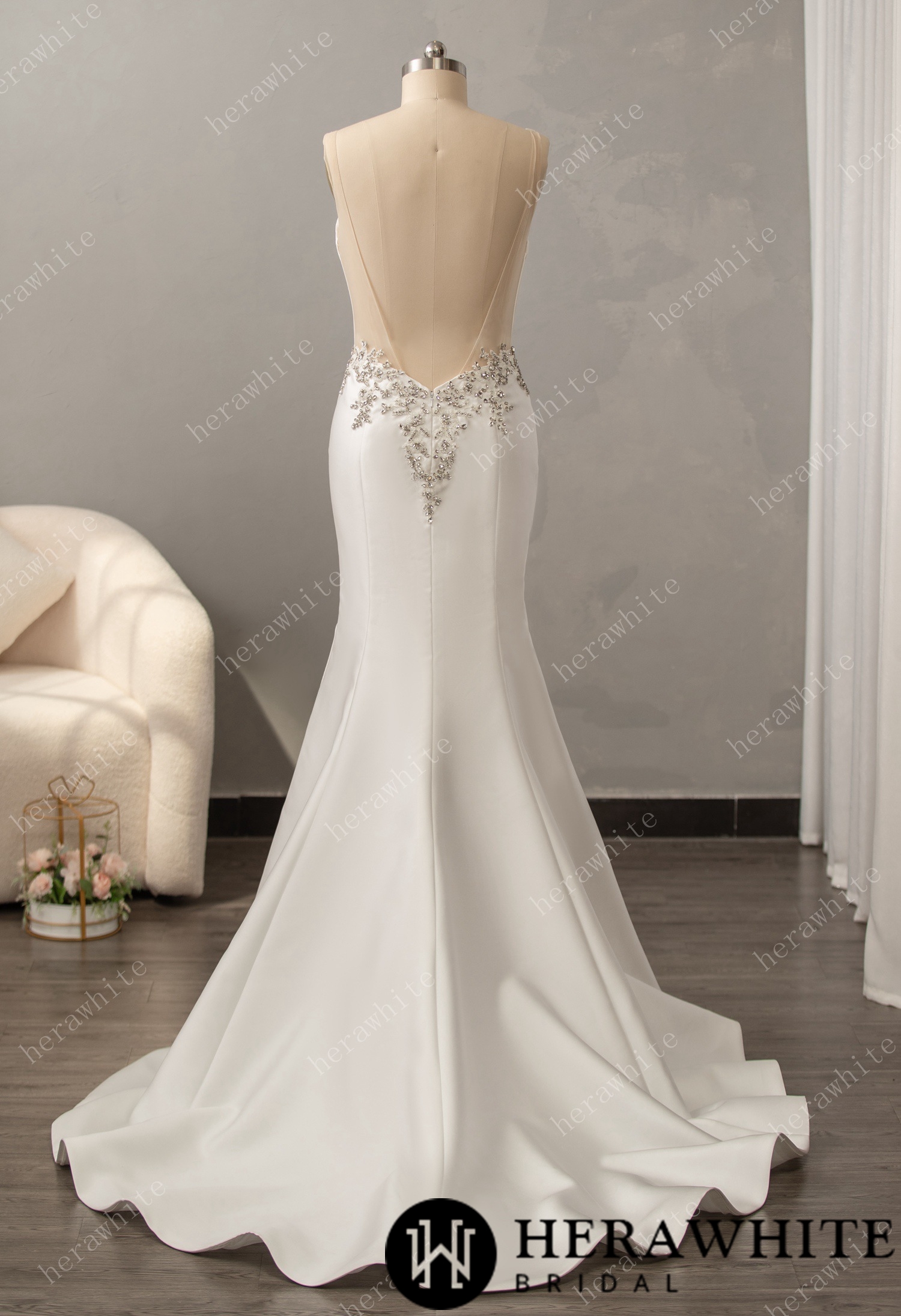 Deep V-neck Sleeveless with Open Back Wedding Dress
