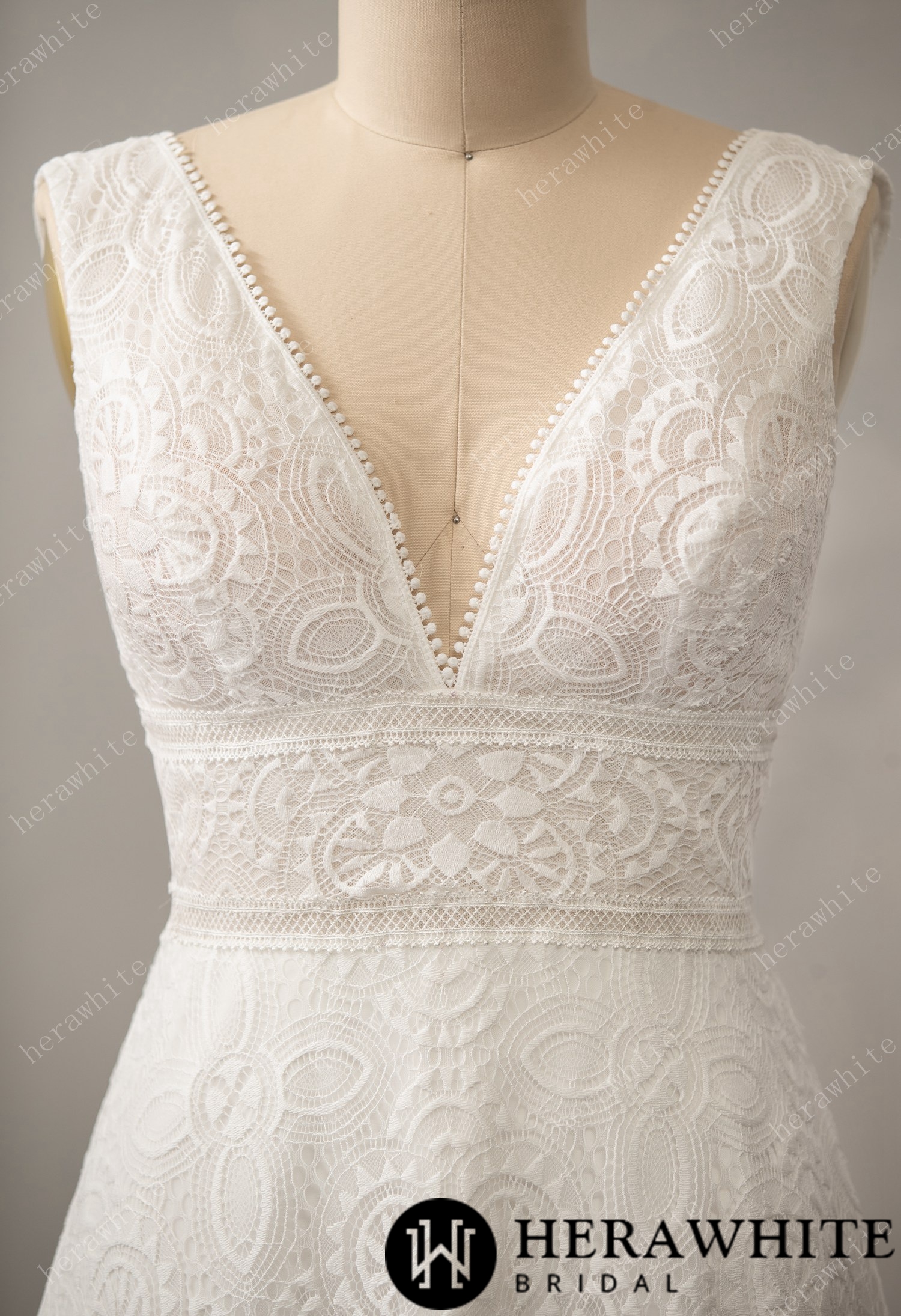 Boho Allover Lace A-Line Wedding Dress with V-Neckline