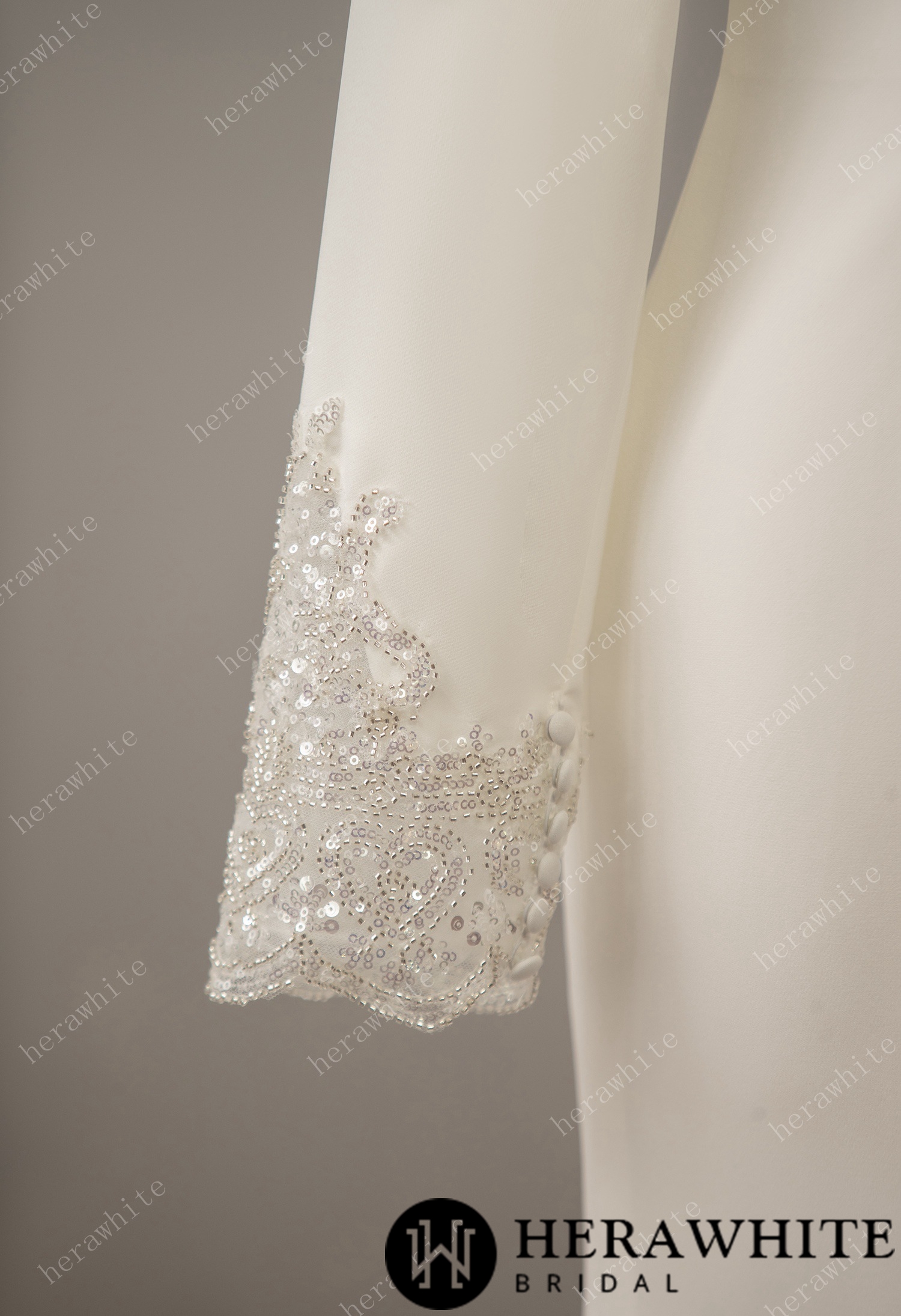 Long Sleeve Crepe Bateau Wedding Dress with Beaded Back