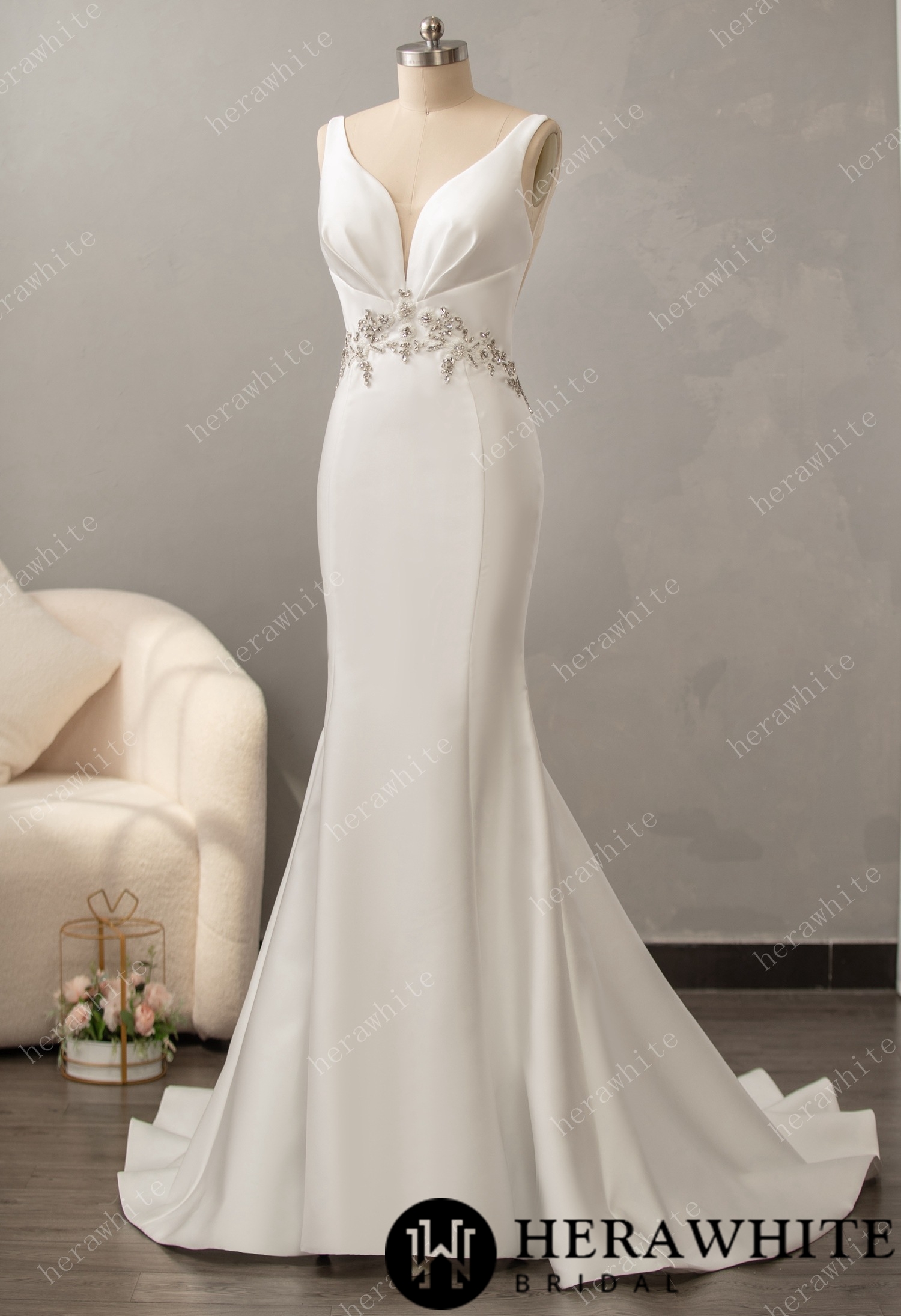 Deep V-neck Sleeveless with Open Back Wedding Dress