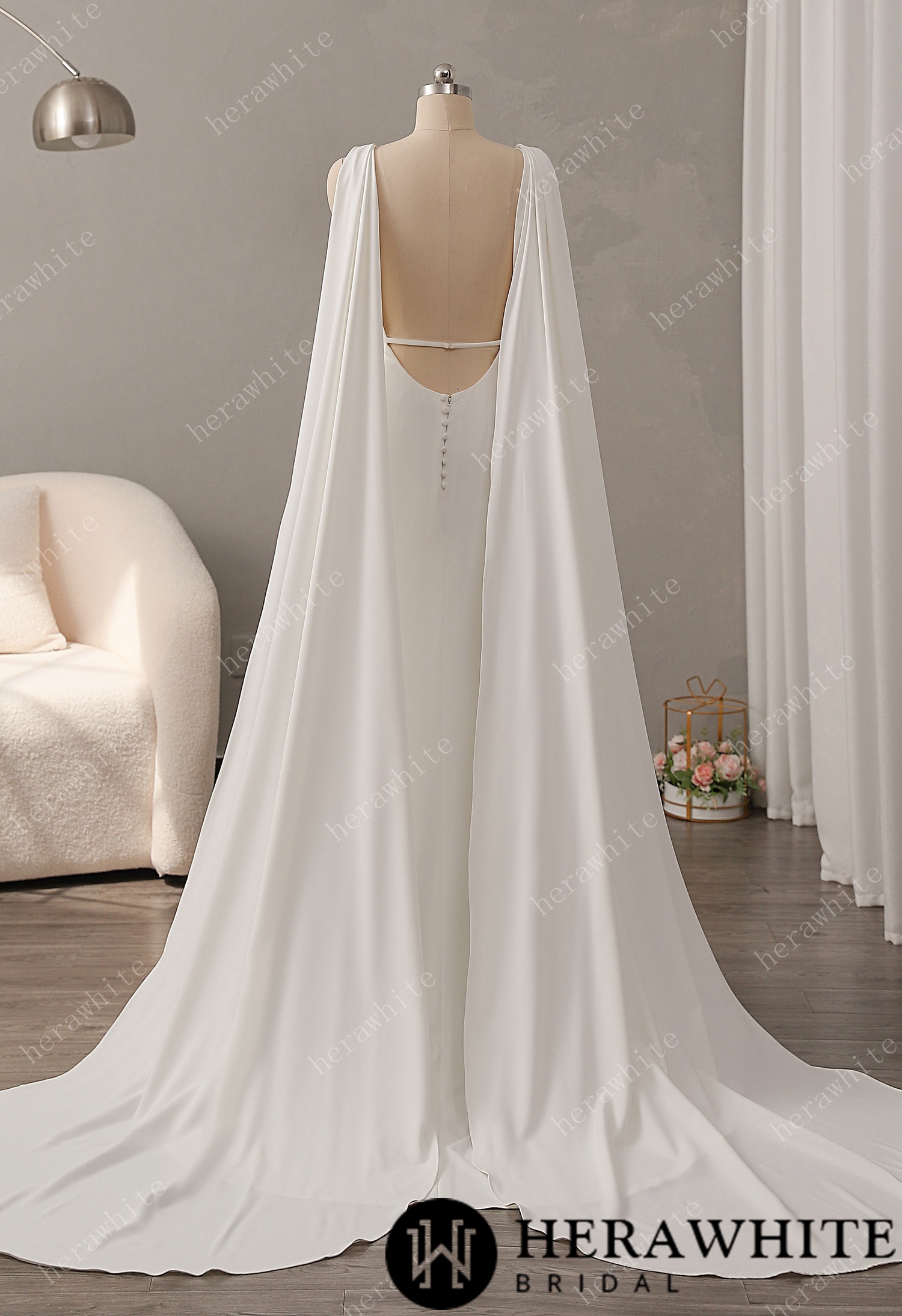 Deep V-neckline Crepe Wedding Dress with Detachable Cape