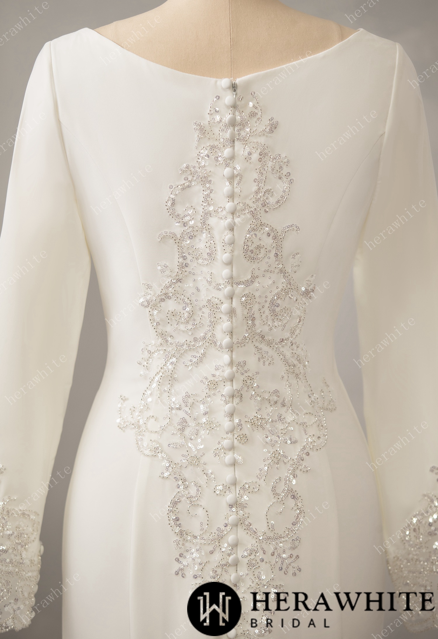 Long Sleeve Crepe Bateau Wedding Dress with Beaded Back