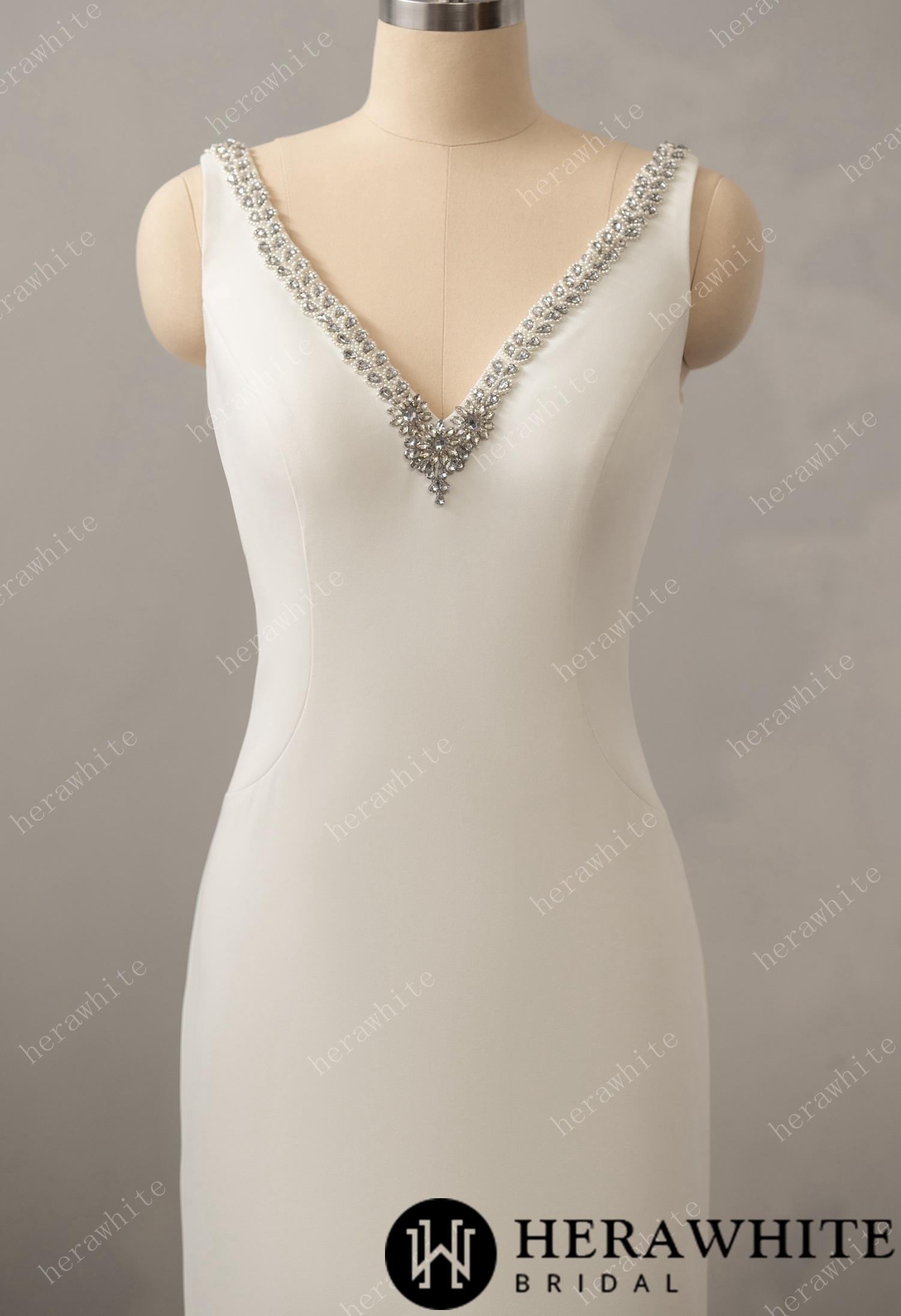 Crepe Beaded V-neck Wedding Dress with Open Back Detail