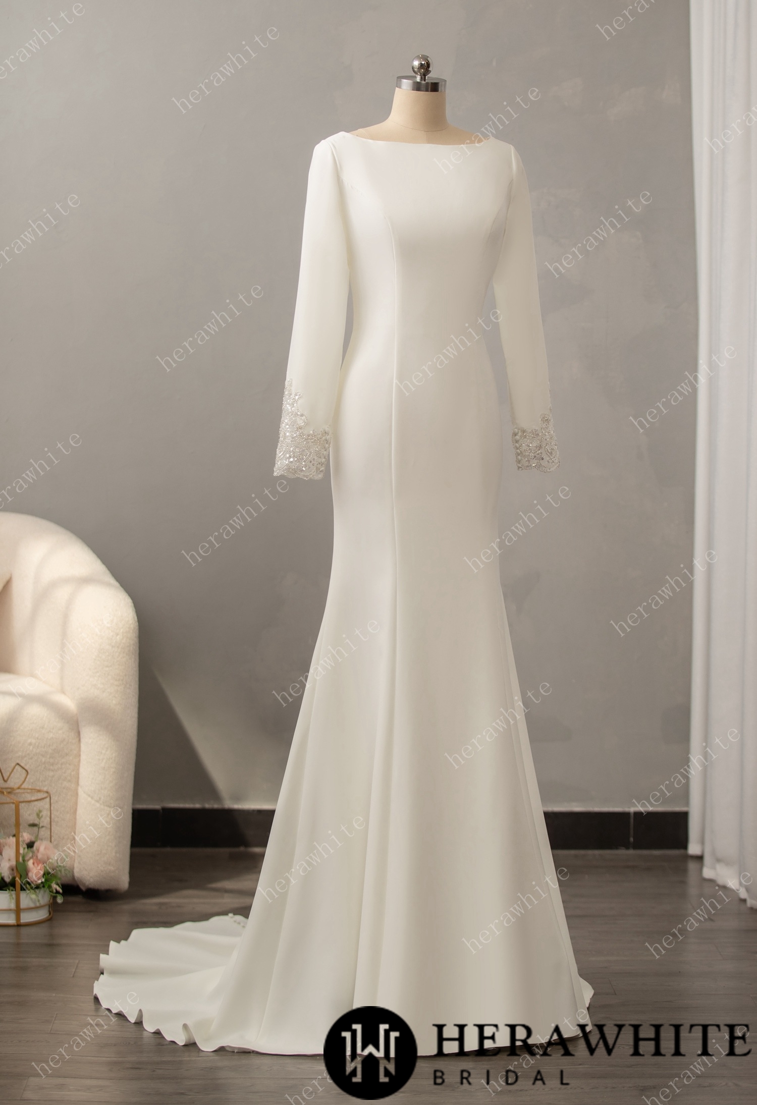 Long Sleeve Crepe Bateau Wedding Dress with Beaded Back