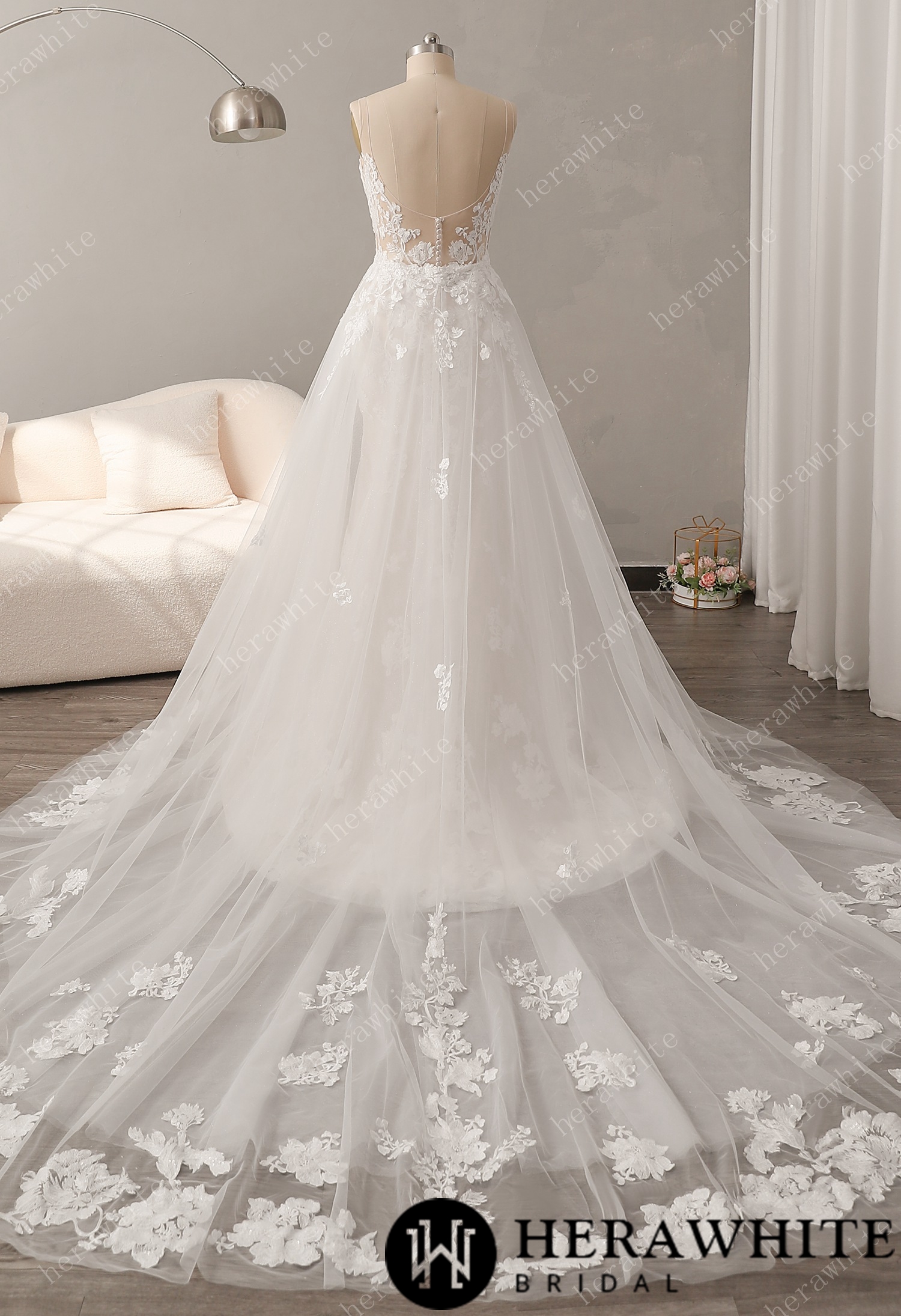 Glitter Tulle A-Line Wedding Dress with Detachable Train