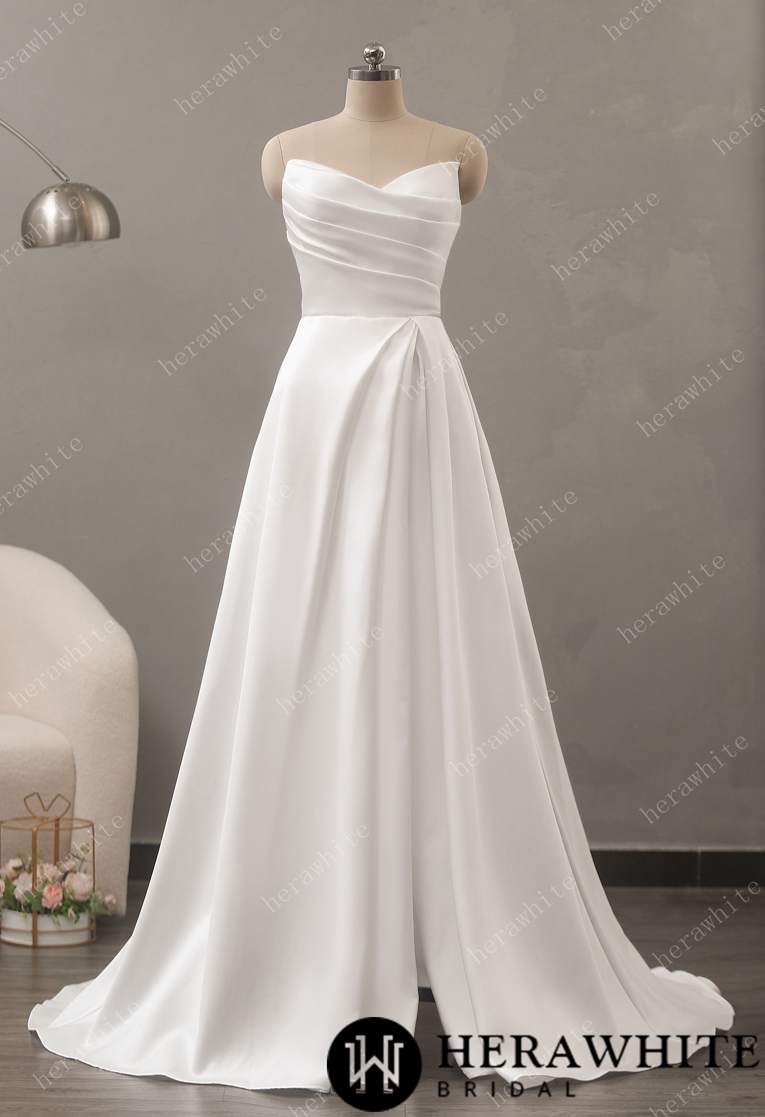 Strapless Mikado A-Line Wedding Dress with Pleated Bodice