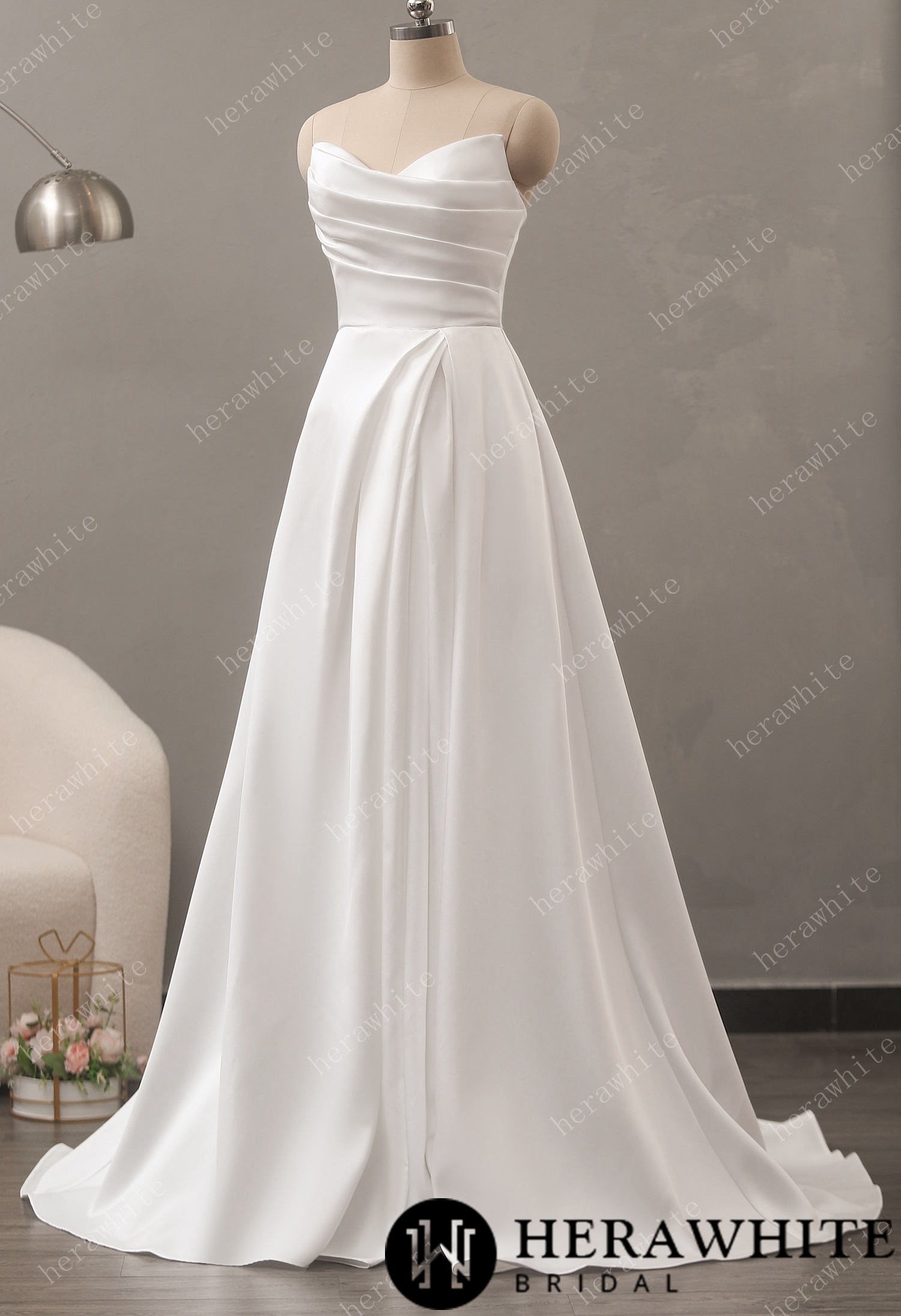 In Stock/ Strapless Mikado A-Line Wedding Dress with Pleated Bodice