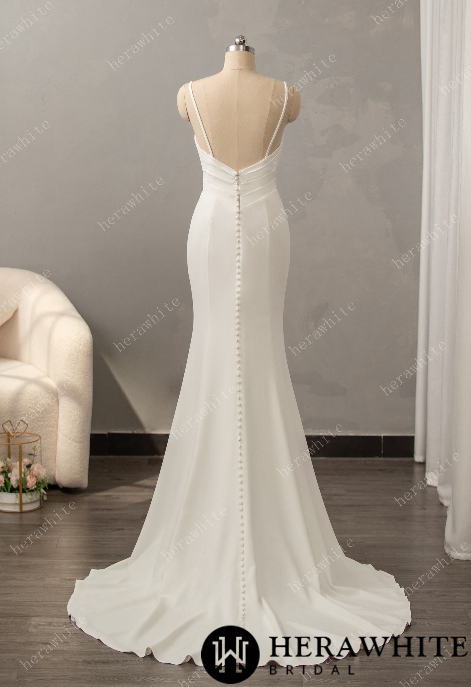 In Stock/ Classic Crepe Fit and Flare with Square Neckline  Wedding Dress