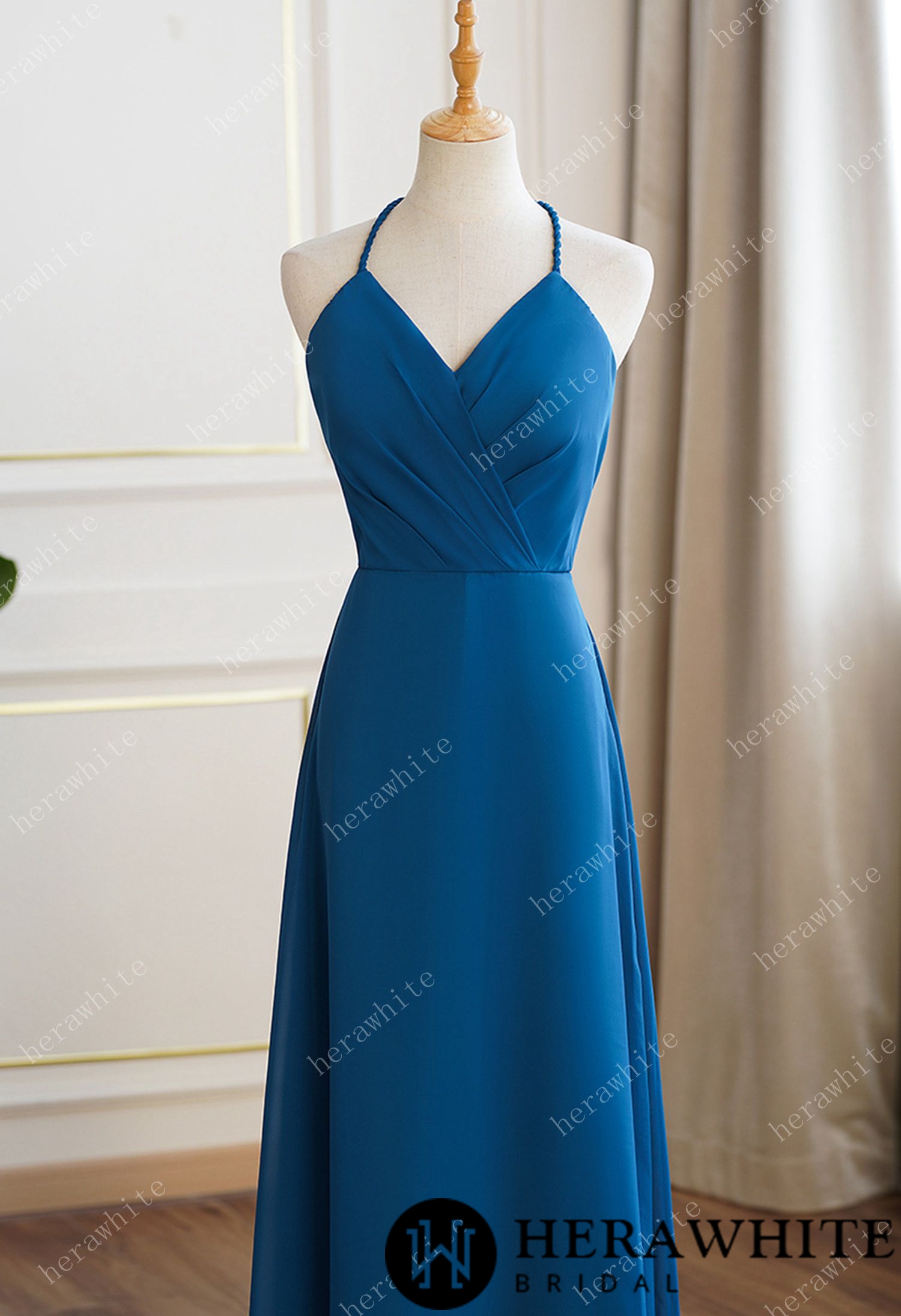 Rustic Blue Bridesmaid Dress Maxi Spring Summer Backless Halter Dress