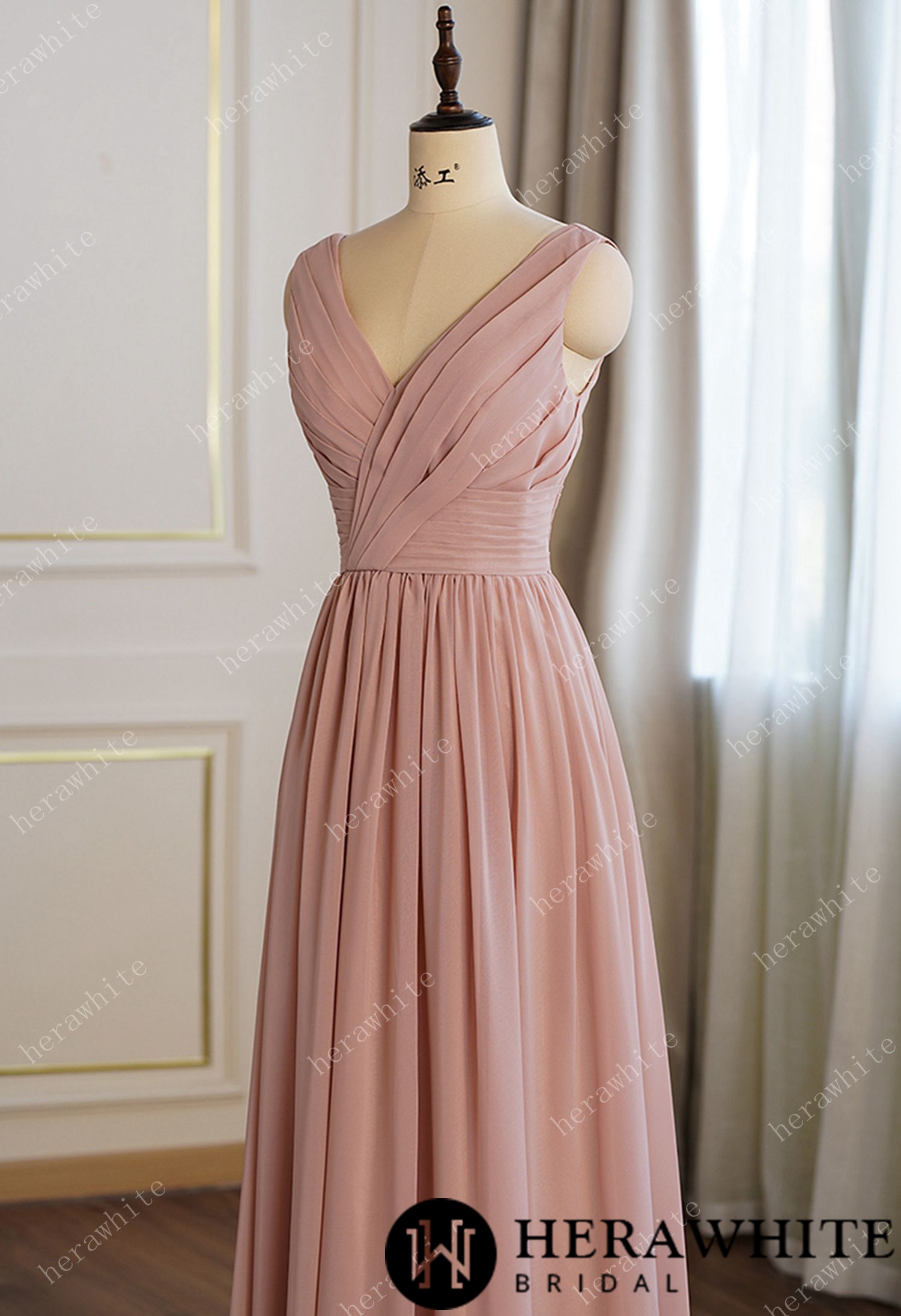 Coral Pleated V-neck Aline Bridesmaid Dress