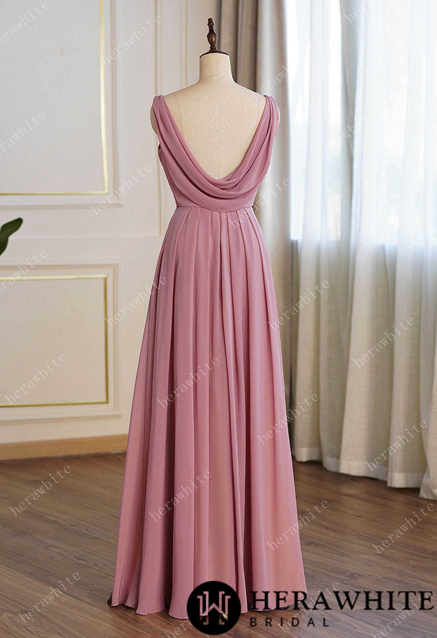 Dusty Pink Elegant Ruched Bodice Bridesmaid Dress