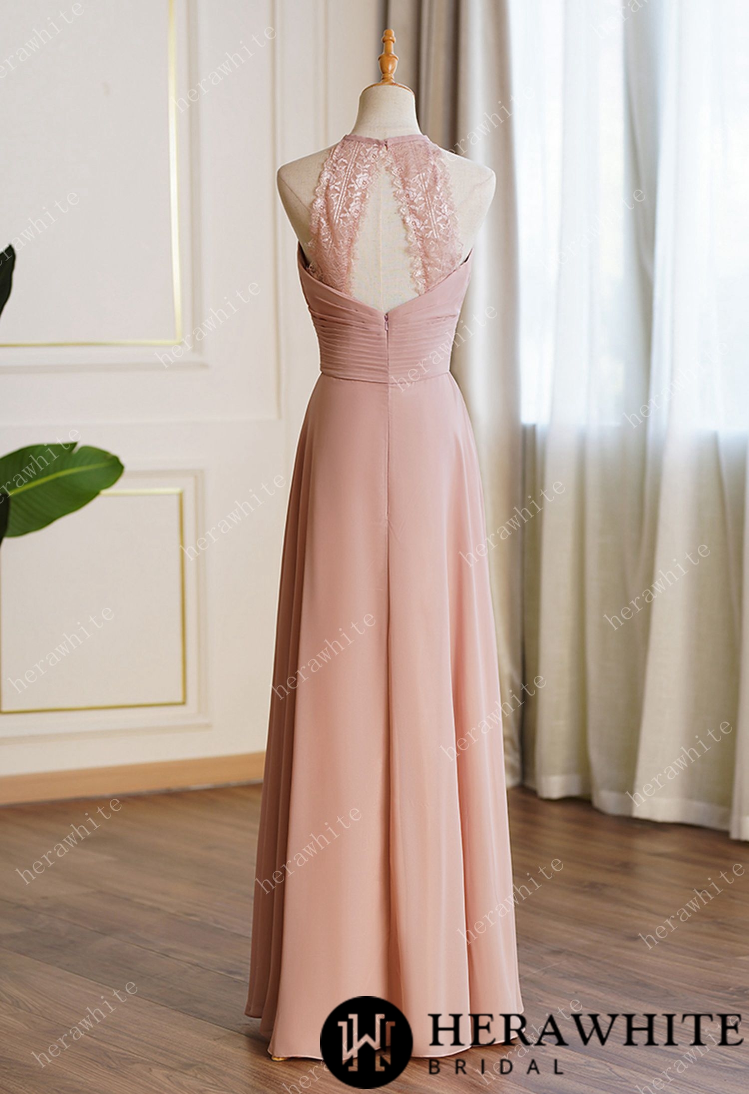 Long Eyelet A Line Ruched Chiffon Bridesmaid Dresses