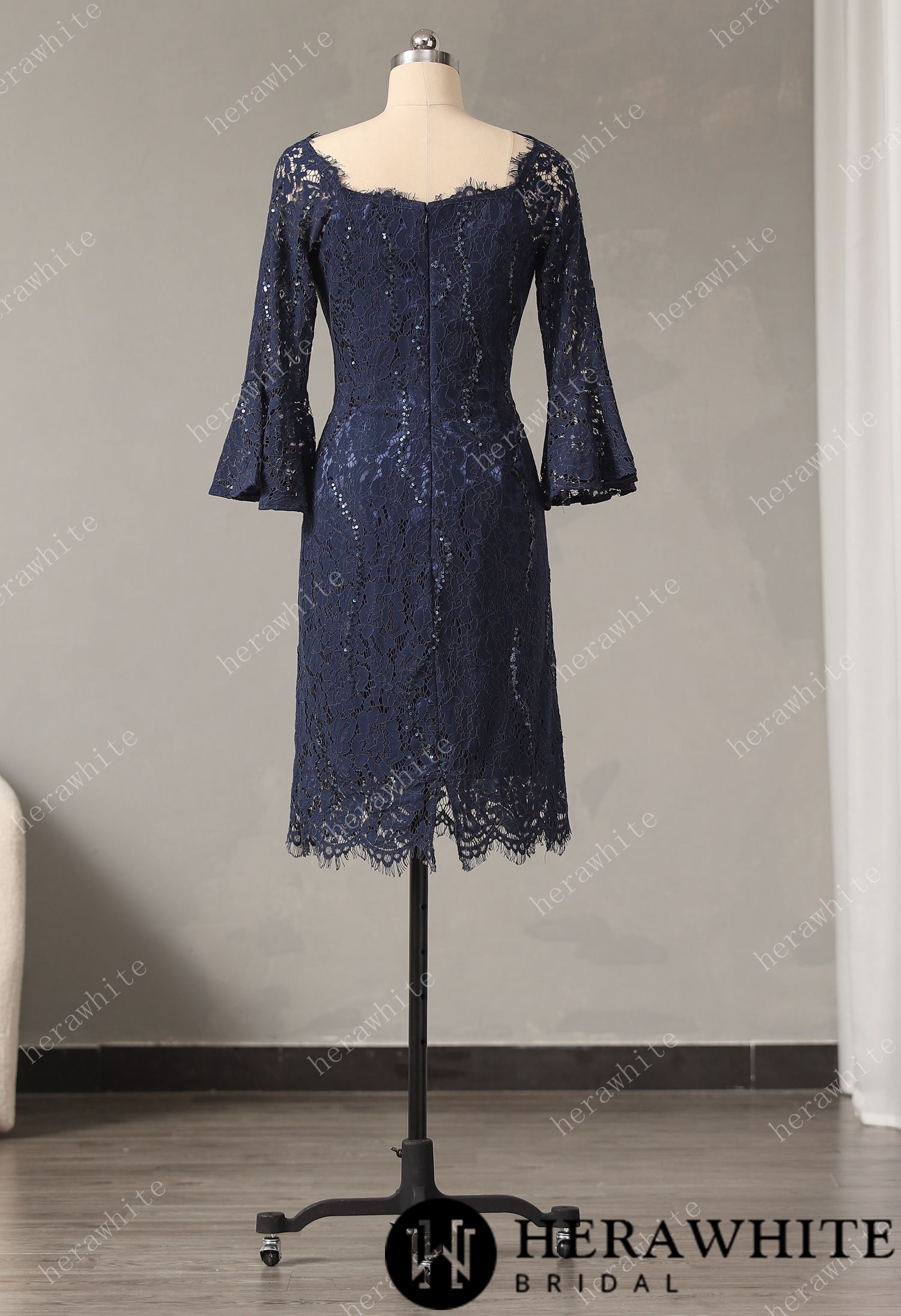 Sheath Column Long Sleeves Knee-Length Lace Dress With Sequins