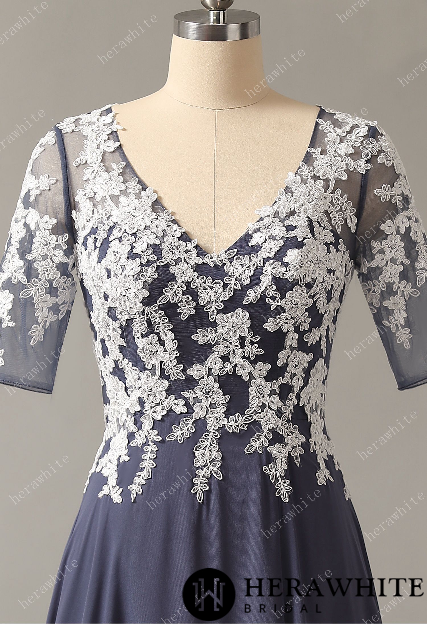 Half Sleeves Chiffon Appliqued Bridesmaid Dress