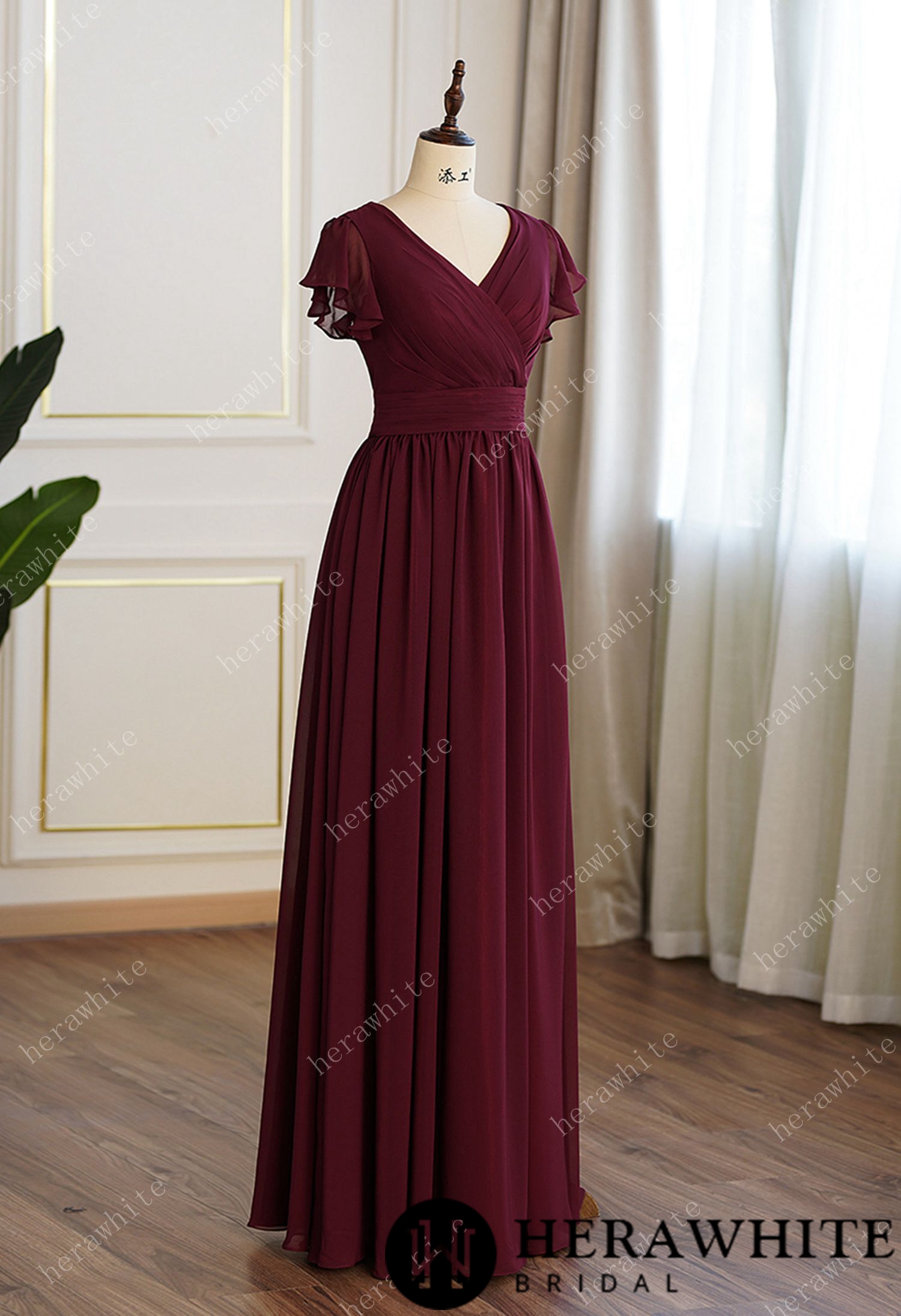 Bridesmaid Dresses for Long Modest V Neck Chiffon Dress with Short Sleeves
