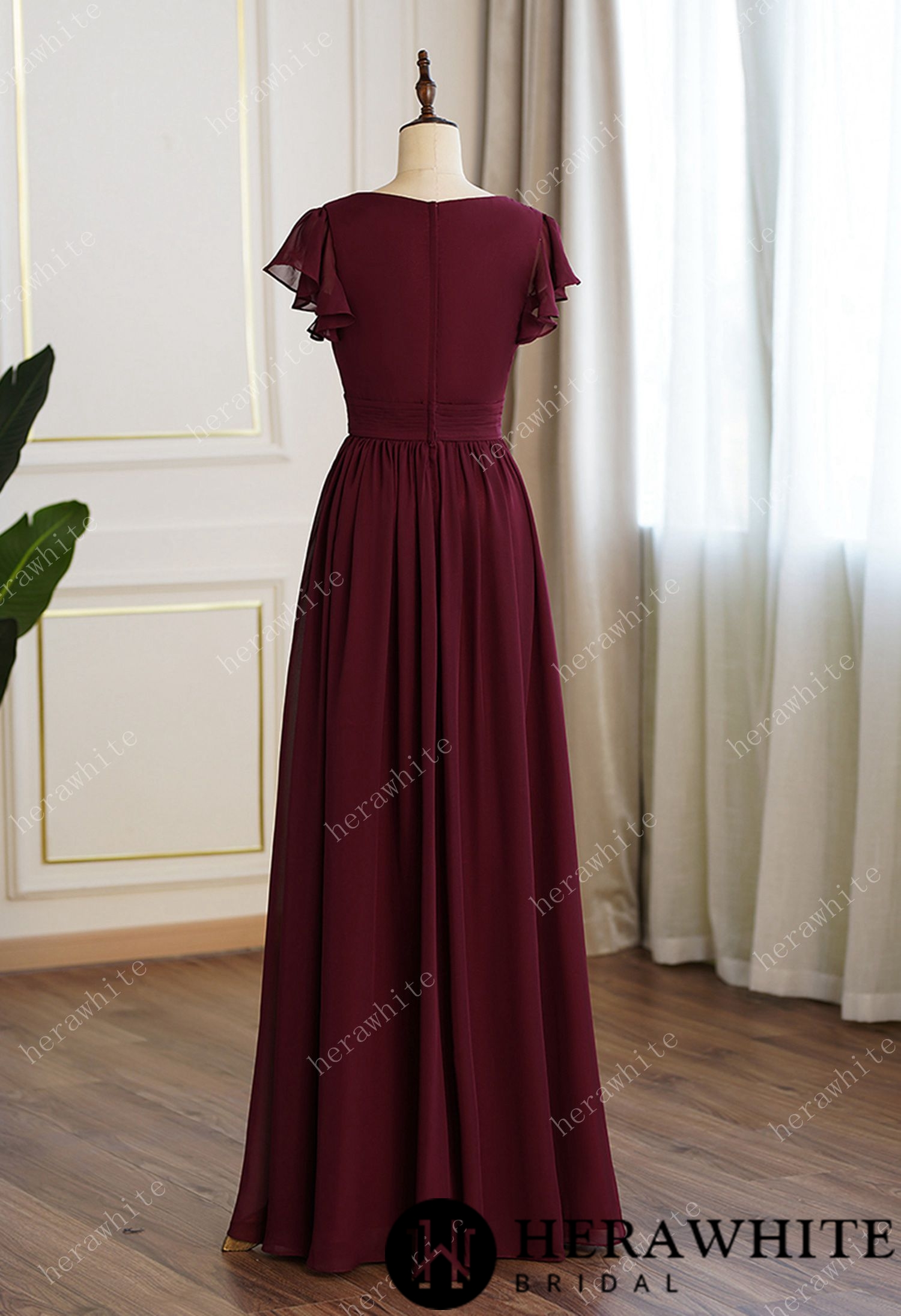 Bridesmaid Dresses for Long Modest V Neck Chiffon Dress with Short Sleeves
