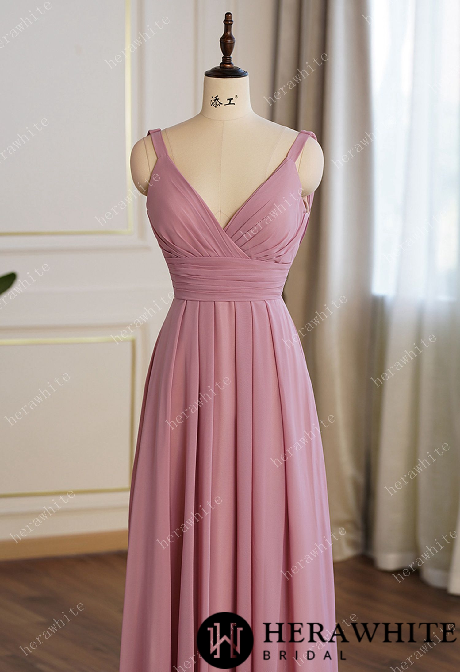 Dusty Pink Elegant Ruched Bodice Bridesmaid Dress