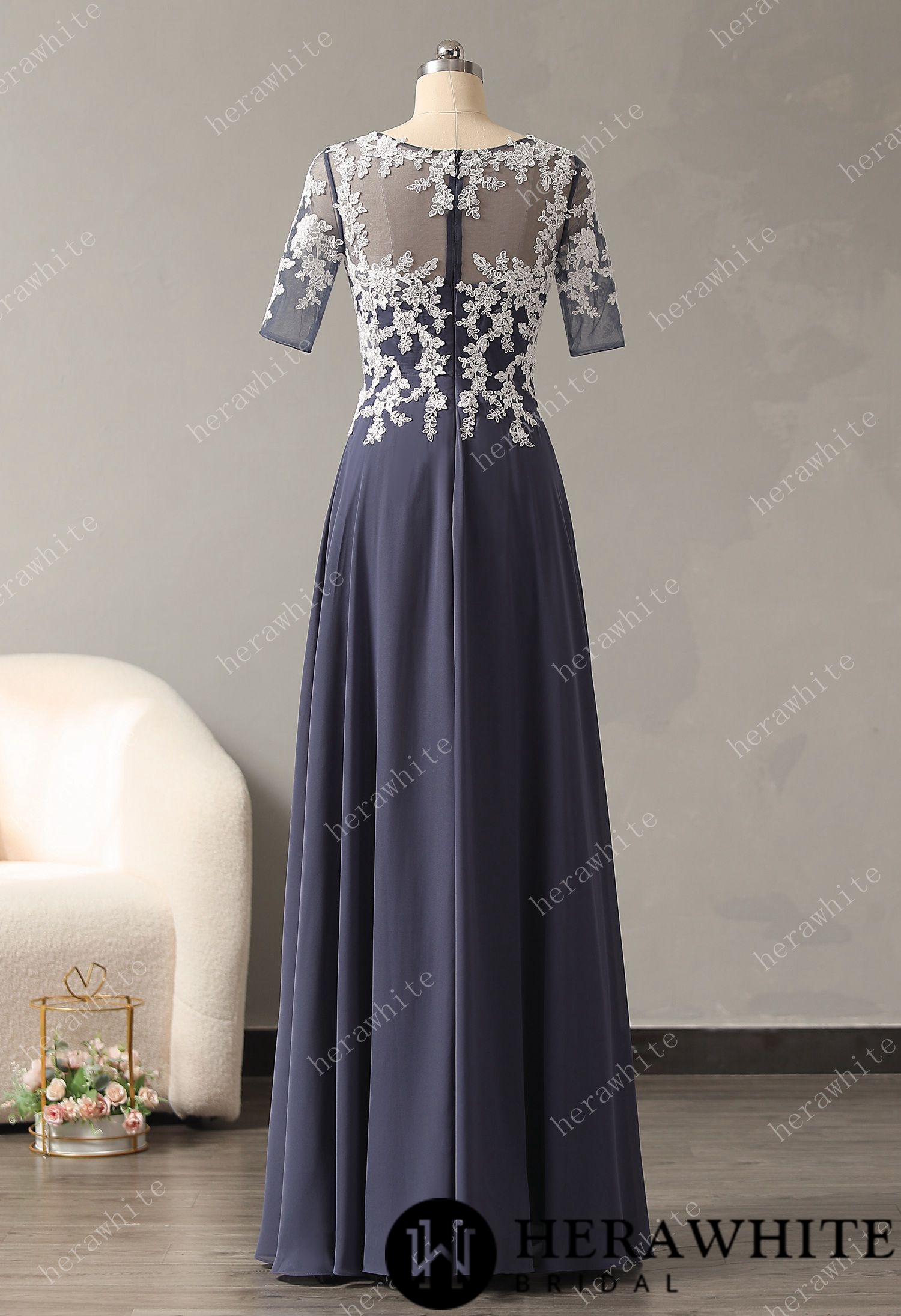 Half Sleeves Chiffon Appliqued Bridesmaid Dress