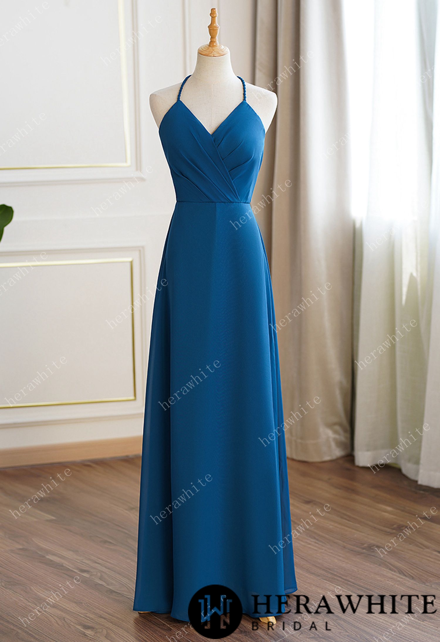 Rustic Blue Bridesmaid Dress Maxi Spring Summer Backless Halter Dress