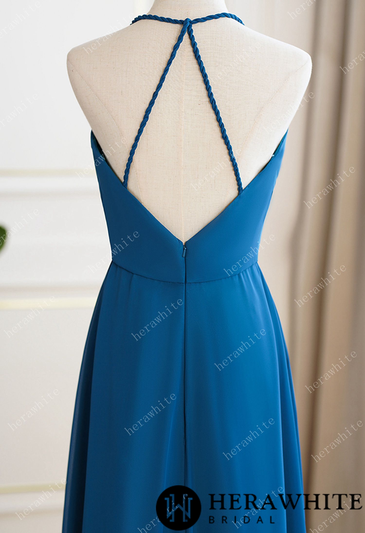 Rustic Blue Bridesmaid Dress Maxi Spring Summer Backless Halter Dress
