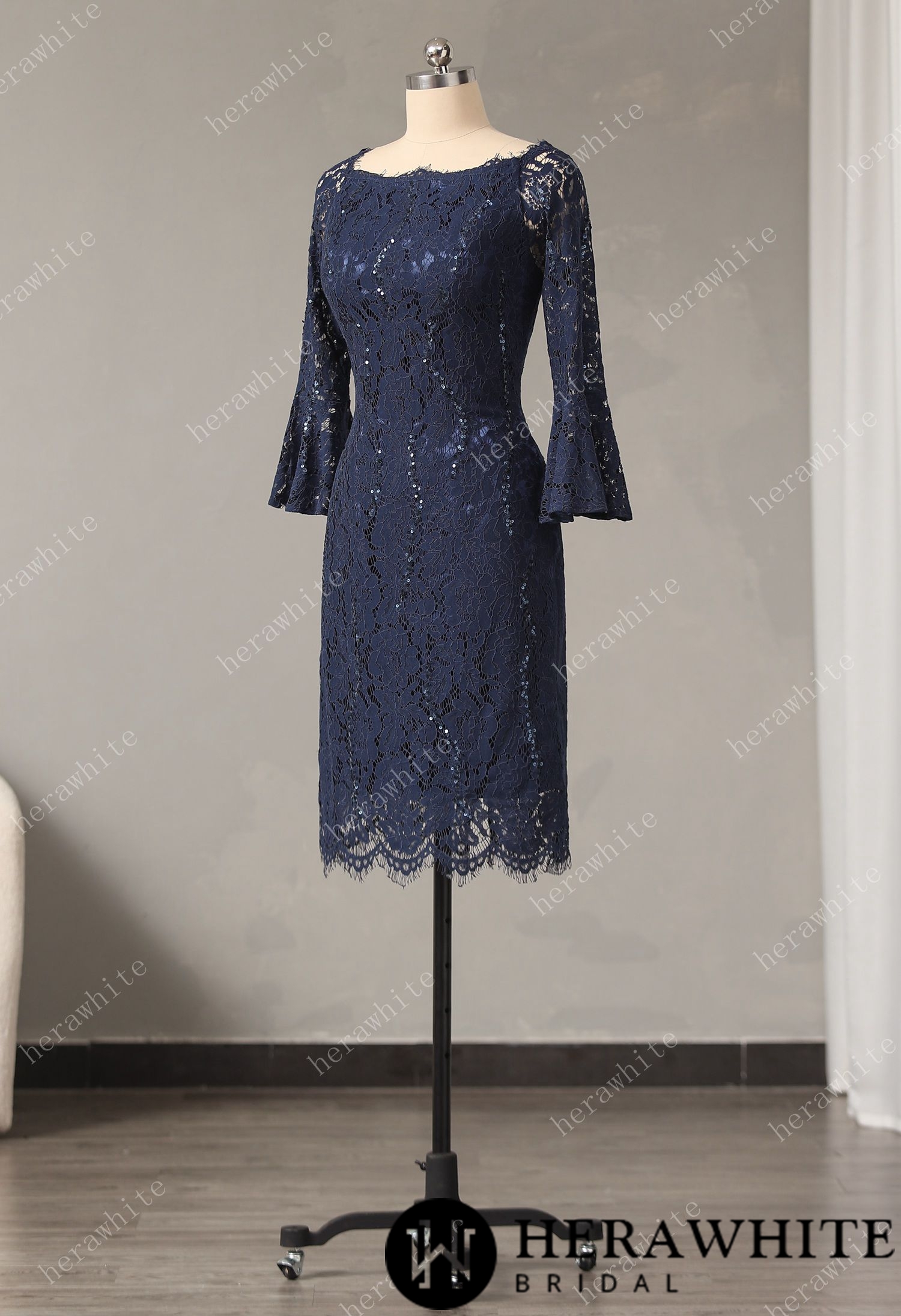 Sheath Column Long Sleeves Knee-Length Lace Dress With Sequins