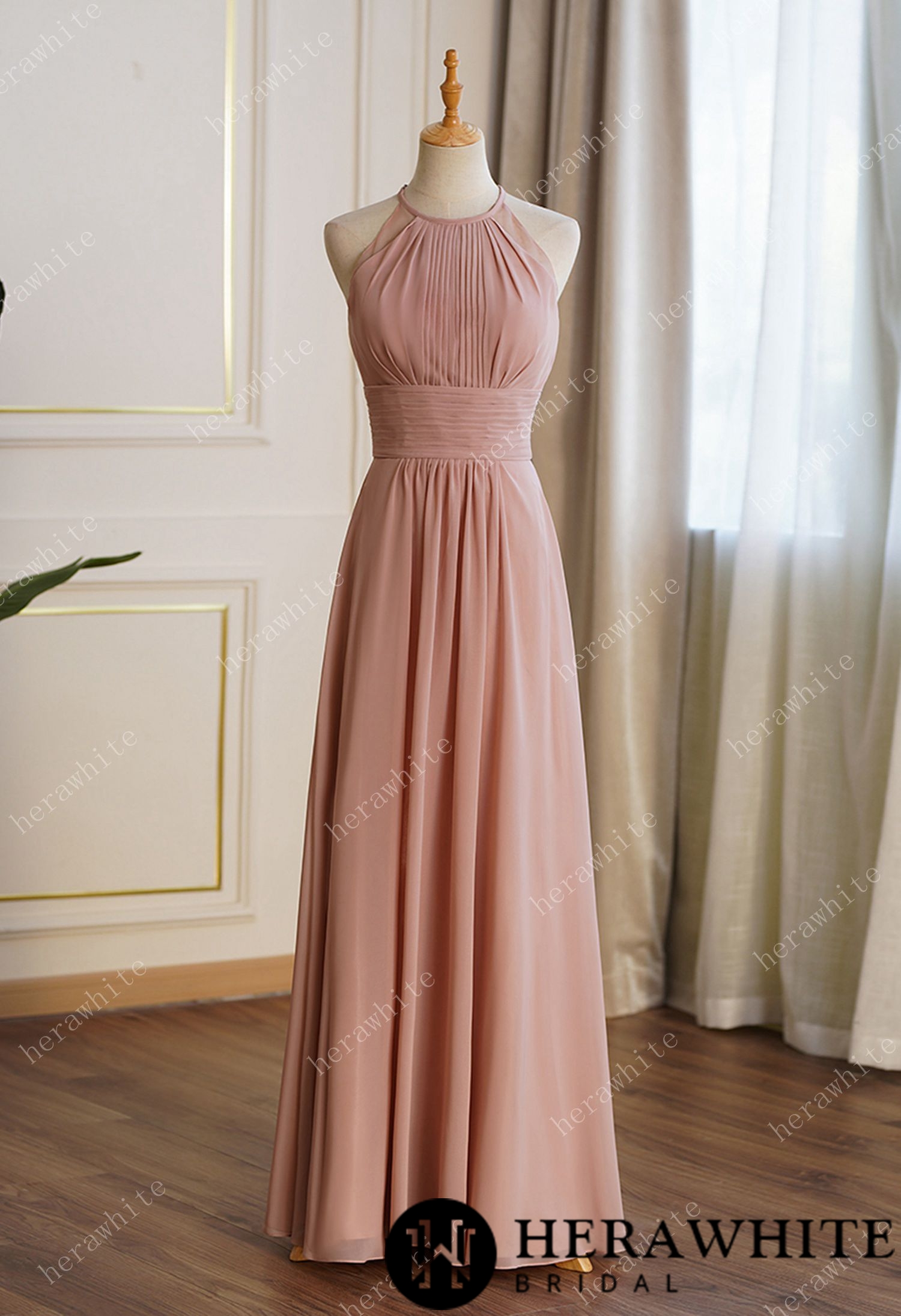 Long Eyelet A Line Ruched Chiffon Bridesmaid Dresses