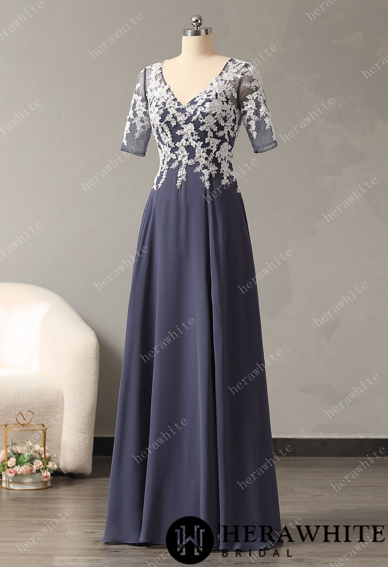 Half Sleeves Chiffon Appliqued Bridesmaid Dress