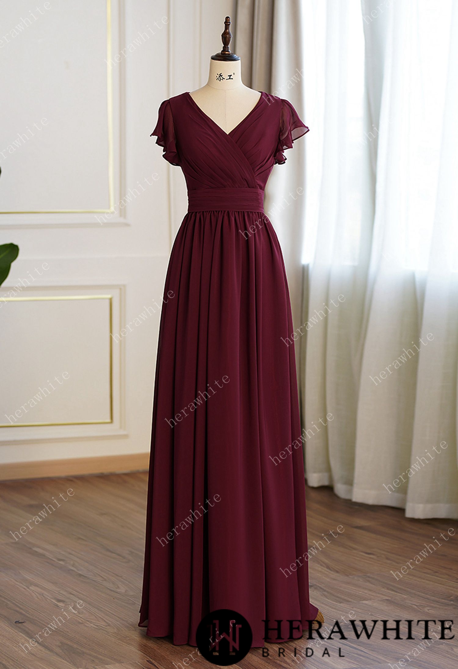 Bridesmaid Dresses for Long Modest V Neck Chiffon Dress with Short Sleeves