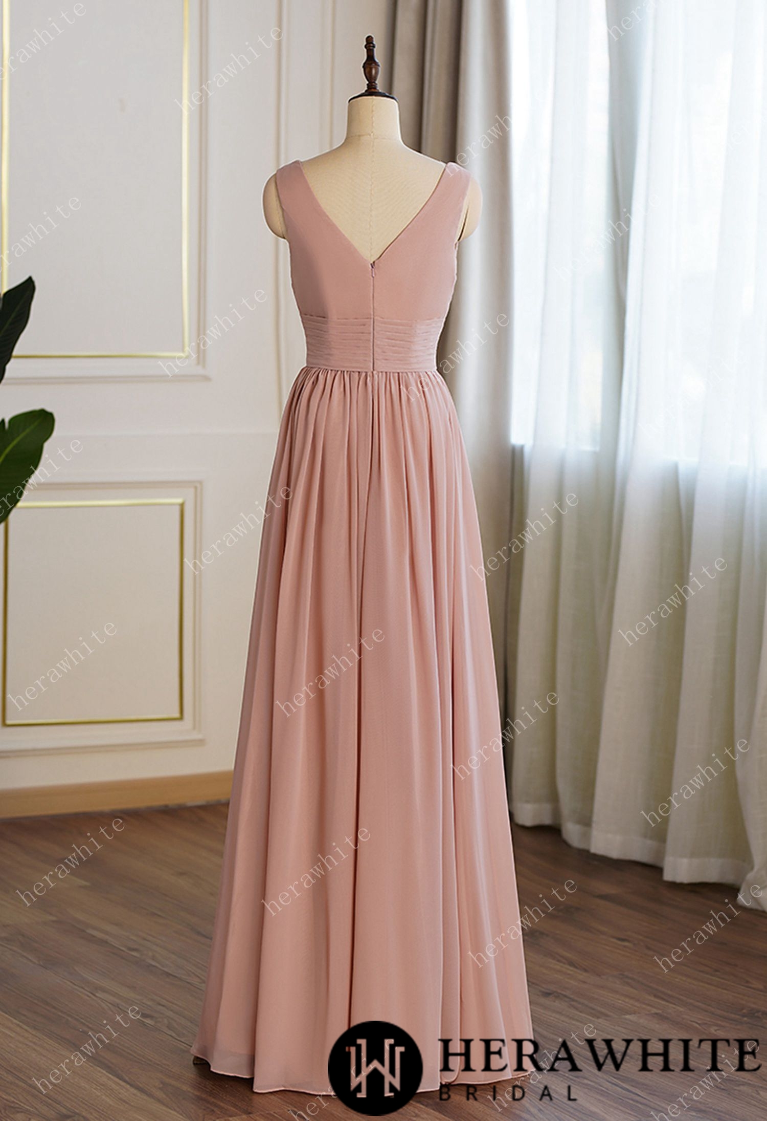 Coral Pleated V-neck Aline Bridesmaid Dress