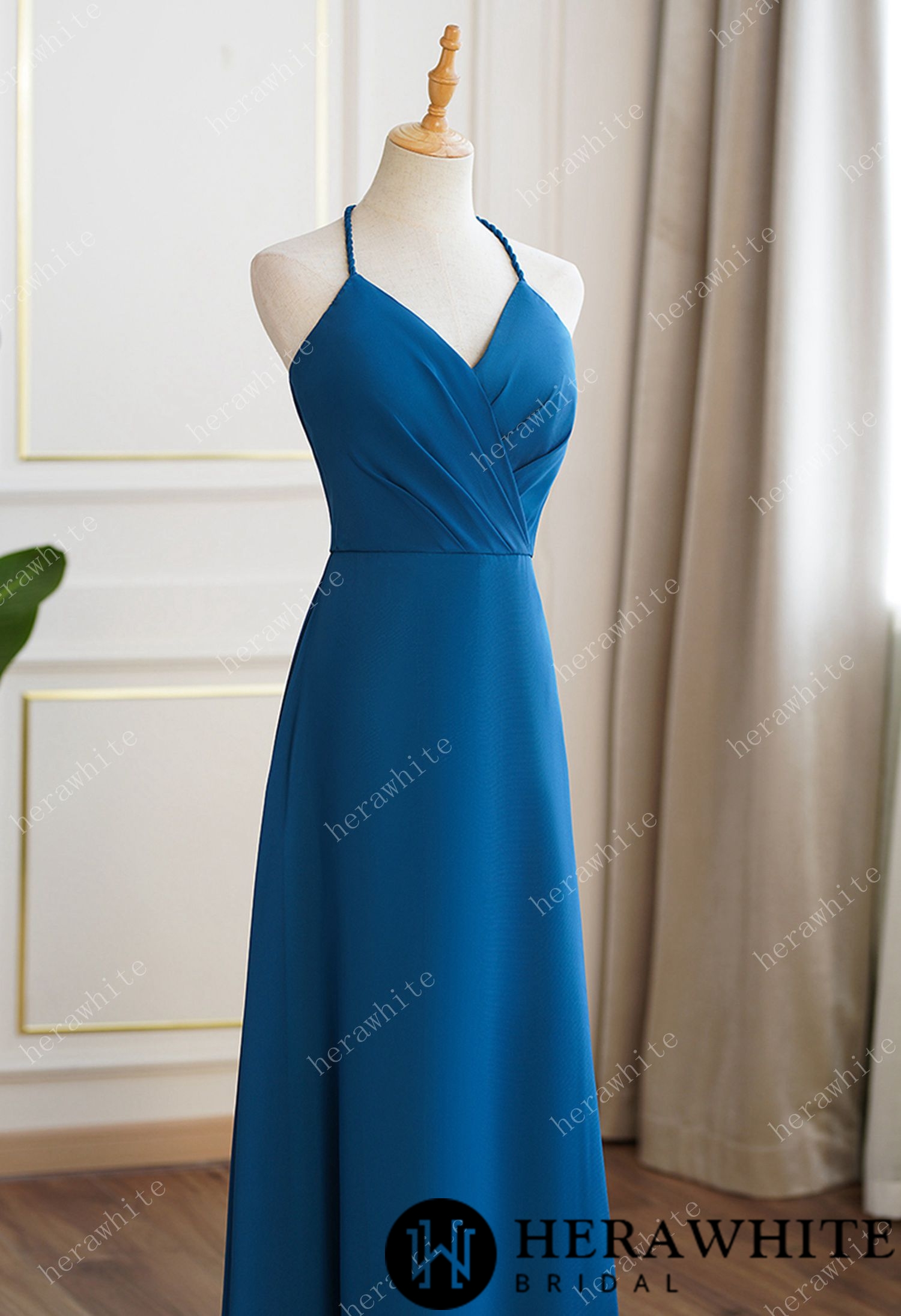 Rustic Blue Bridesmaid Dress Maxi Spring Summer Backless Halter Dress