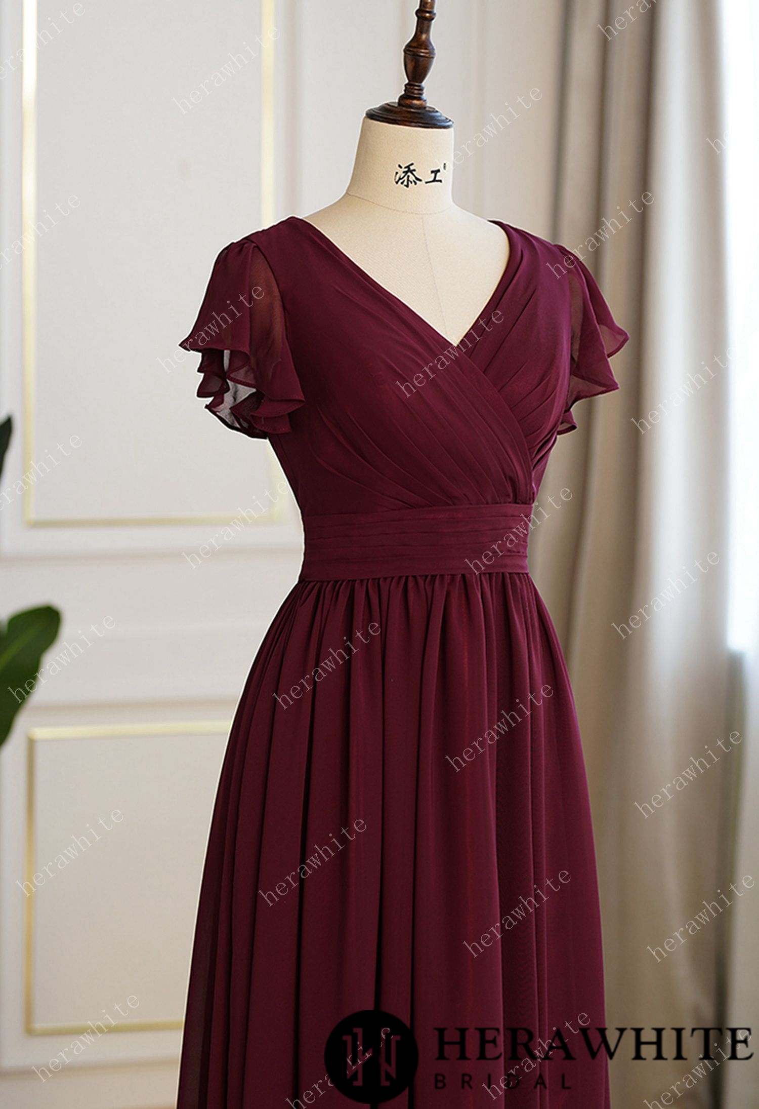 Bridesmaid Dresses for Long Modest V Neck Chiffon Dress with Short Sleeves