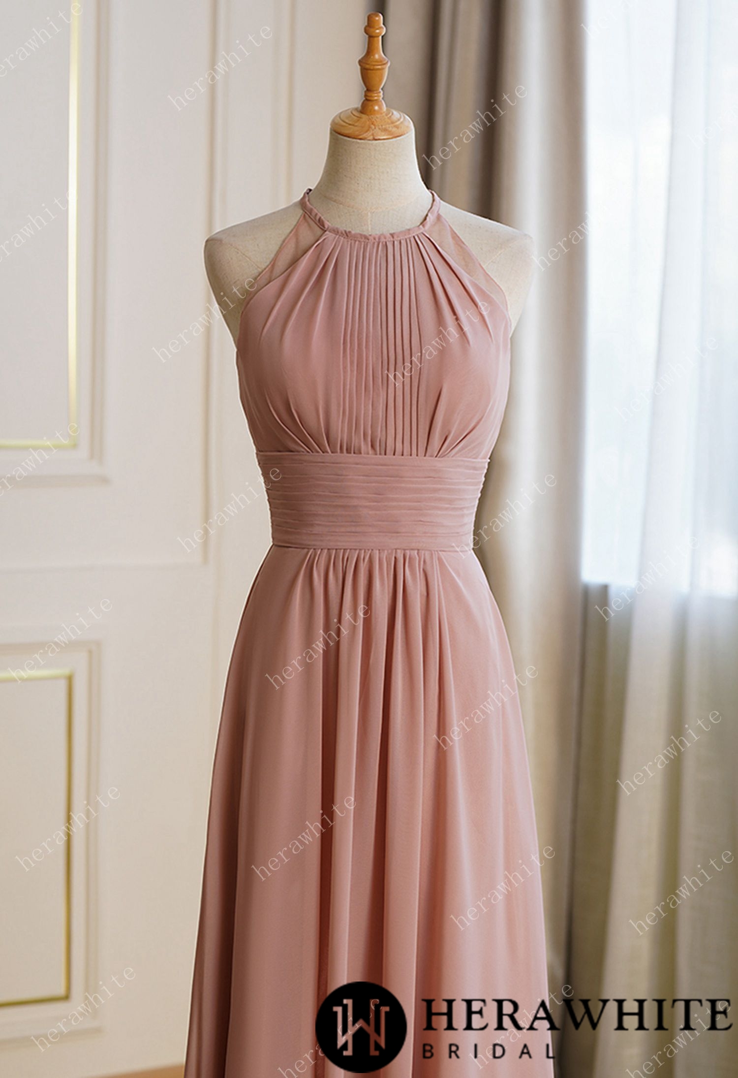Long Eyelet A Line Ruched Chiffon Bridesmaid Dresses