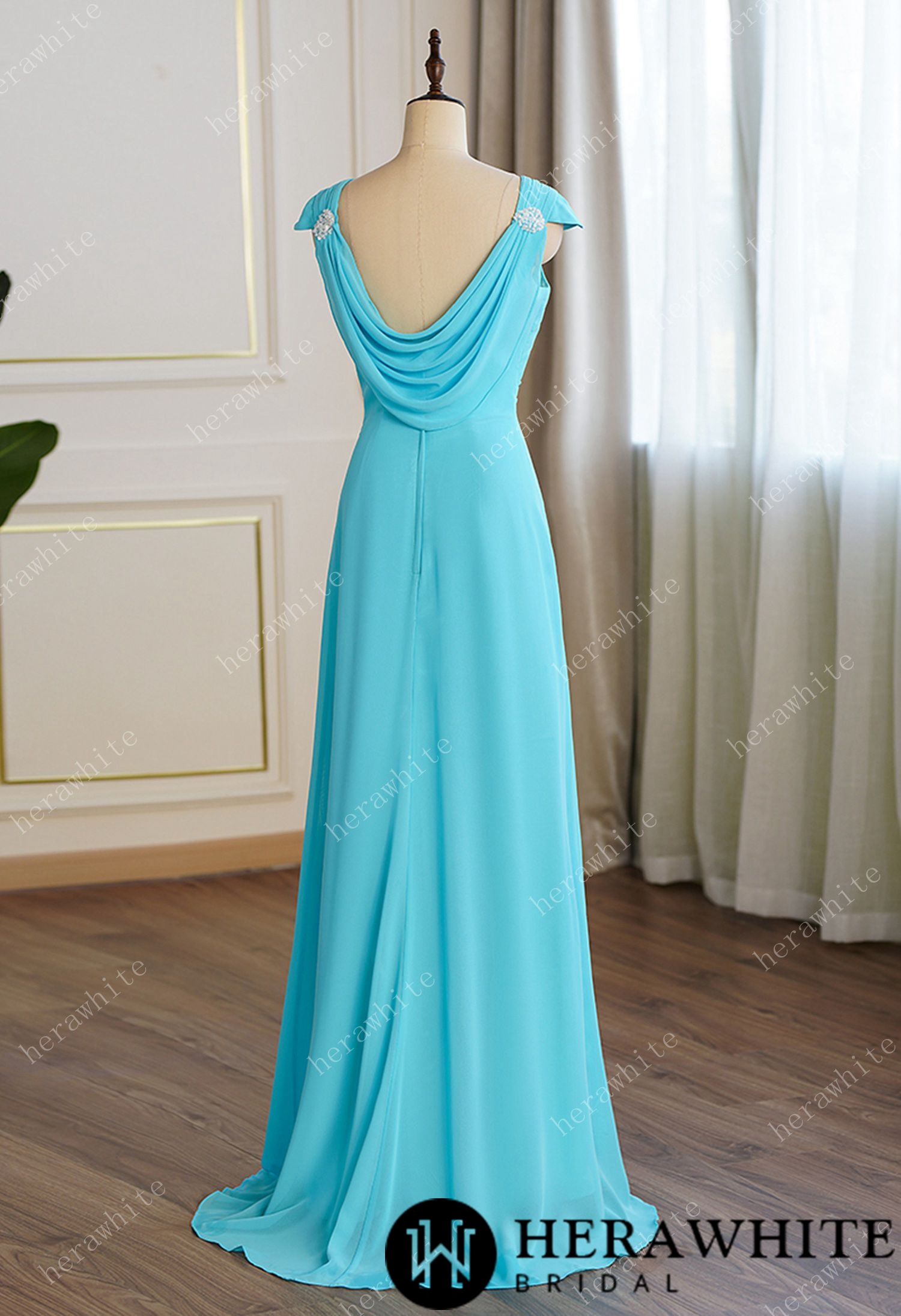 Pleated Cap Sleeves with Cowl Back Bridesmaid Dress