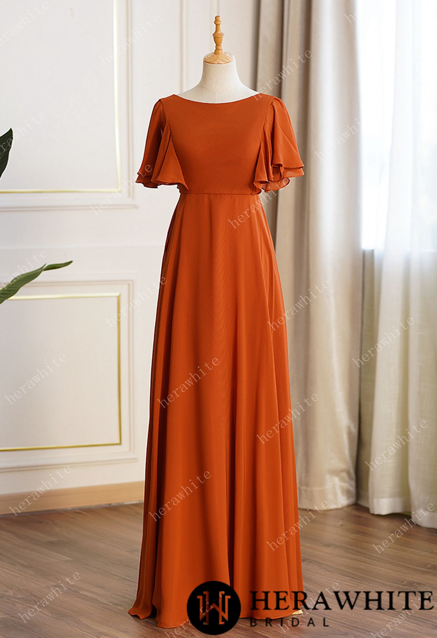 Bateau Neckline Ruffle Sleeves Aline Bridesmaid Dress