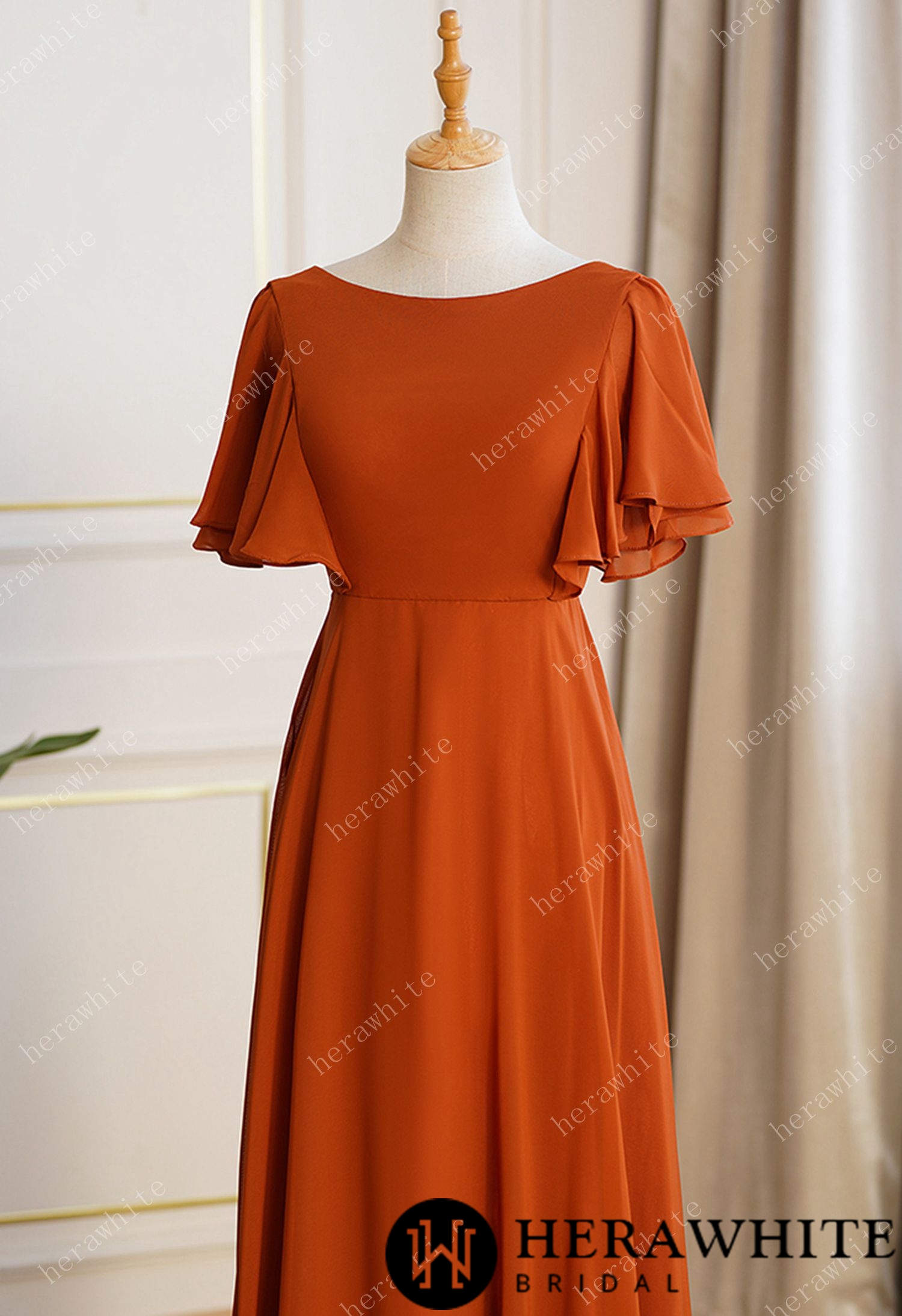 Bateau Neckline Ruffle Sleeves Aline Bridesmaid Dress