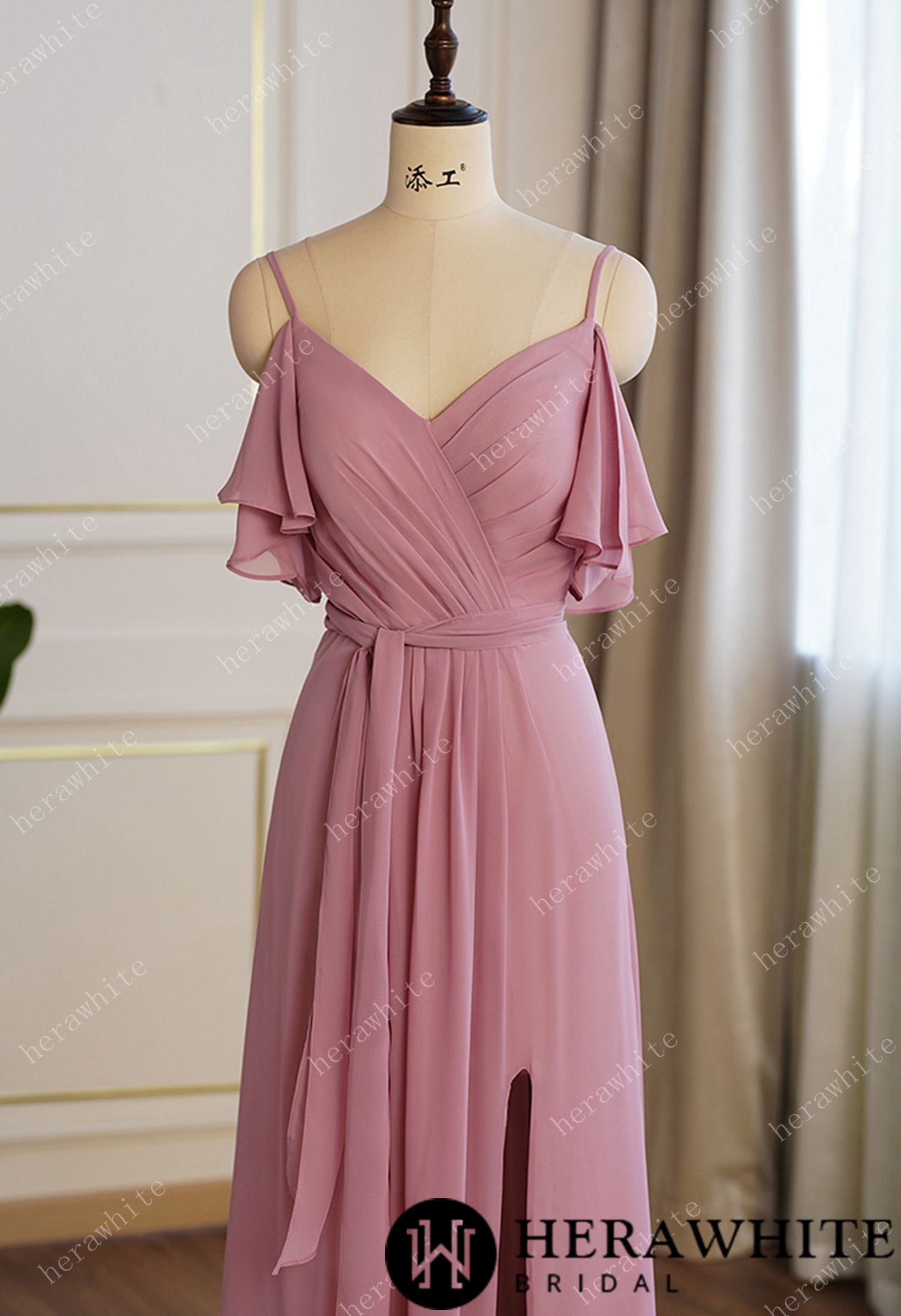 Off Shoulder Chiffon Long Bridesmaid Dress Pleated With Split