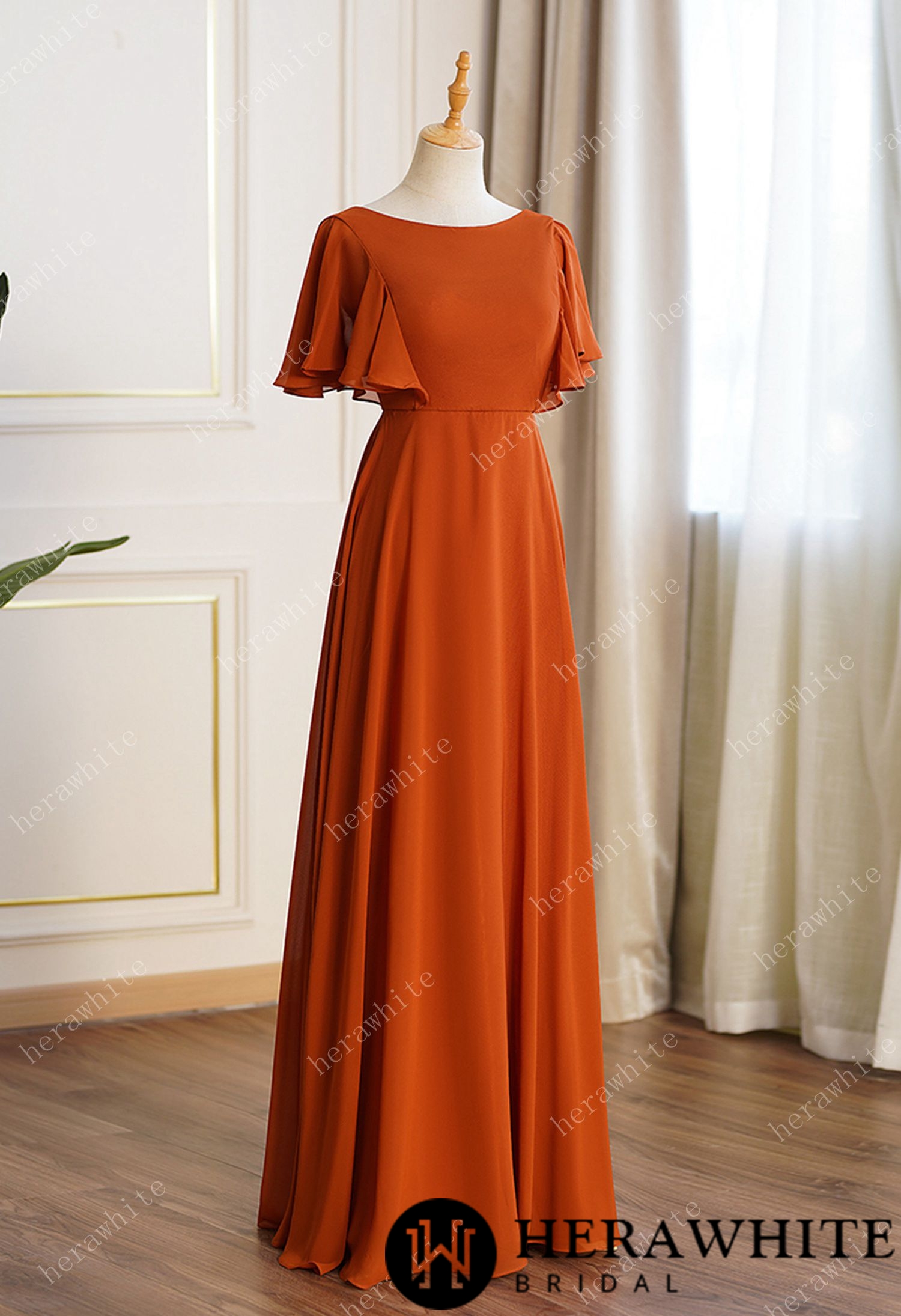Bateau Neckline Ruffle Sleeves Aline Bridesmaid Dress