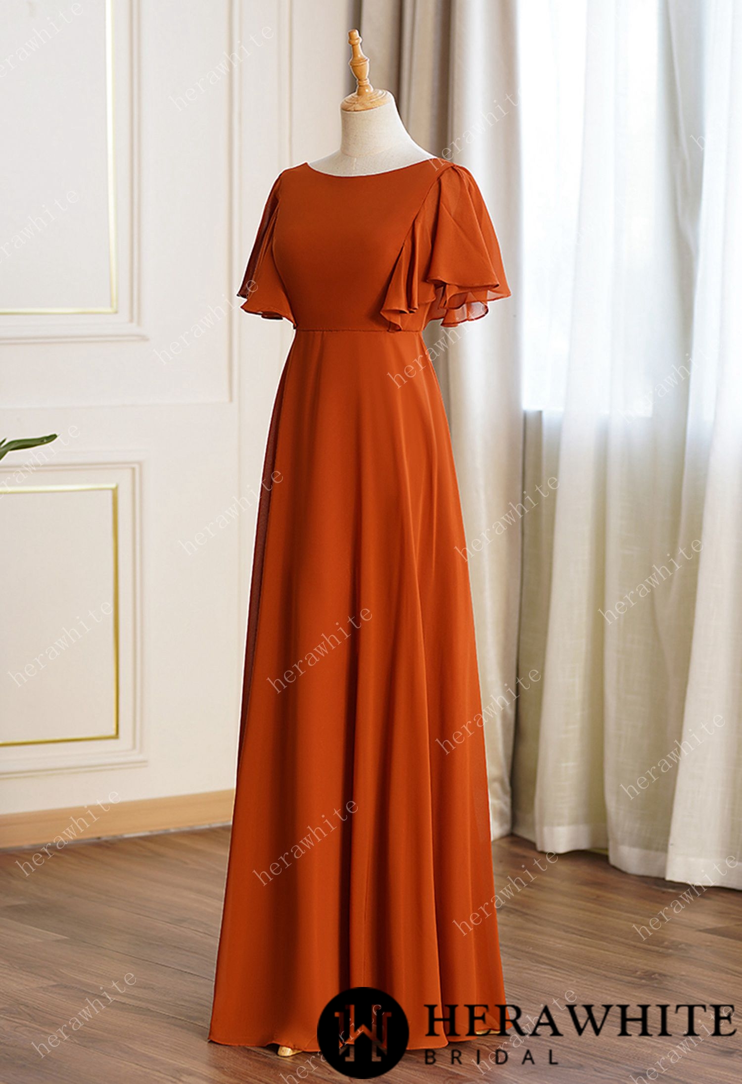Bateau Neckline Ruffle Sleeves Aline Bridesmaid Dress