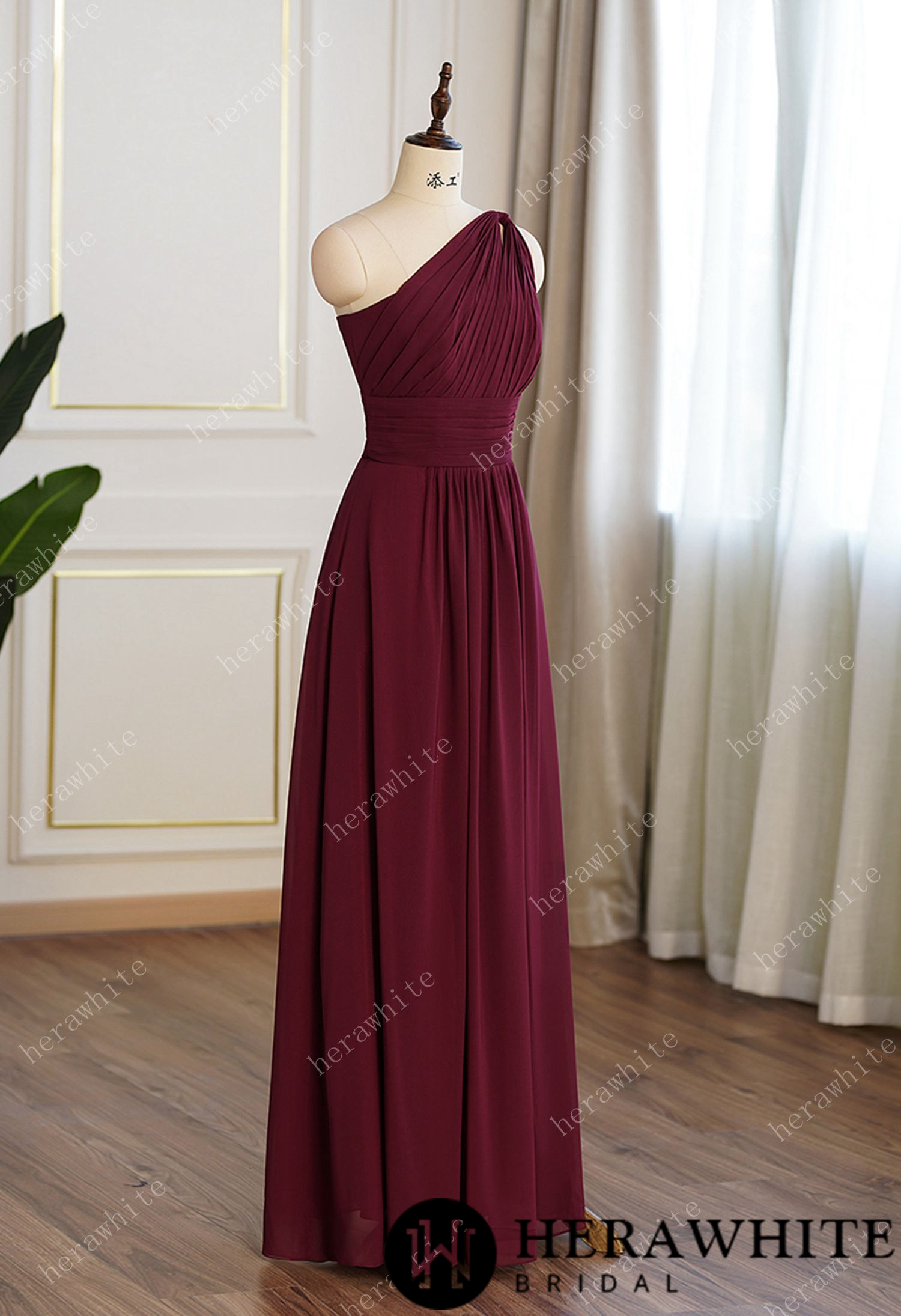 Aline Burgundy Chiffon One Shoulder Bridesmaid Dress
