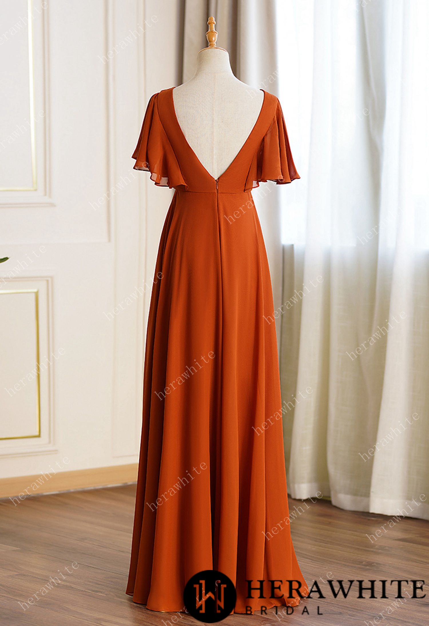 Bateau Neckline Ruffle Sleeves Aline Bridesmaid Dress
