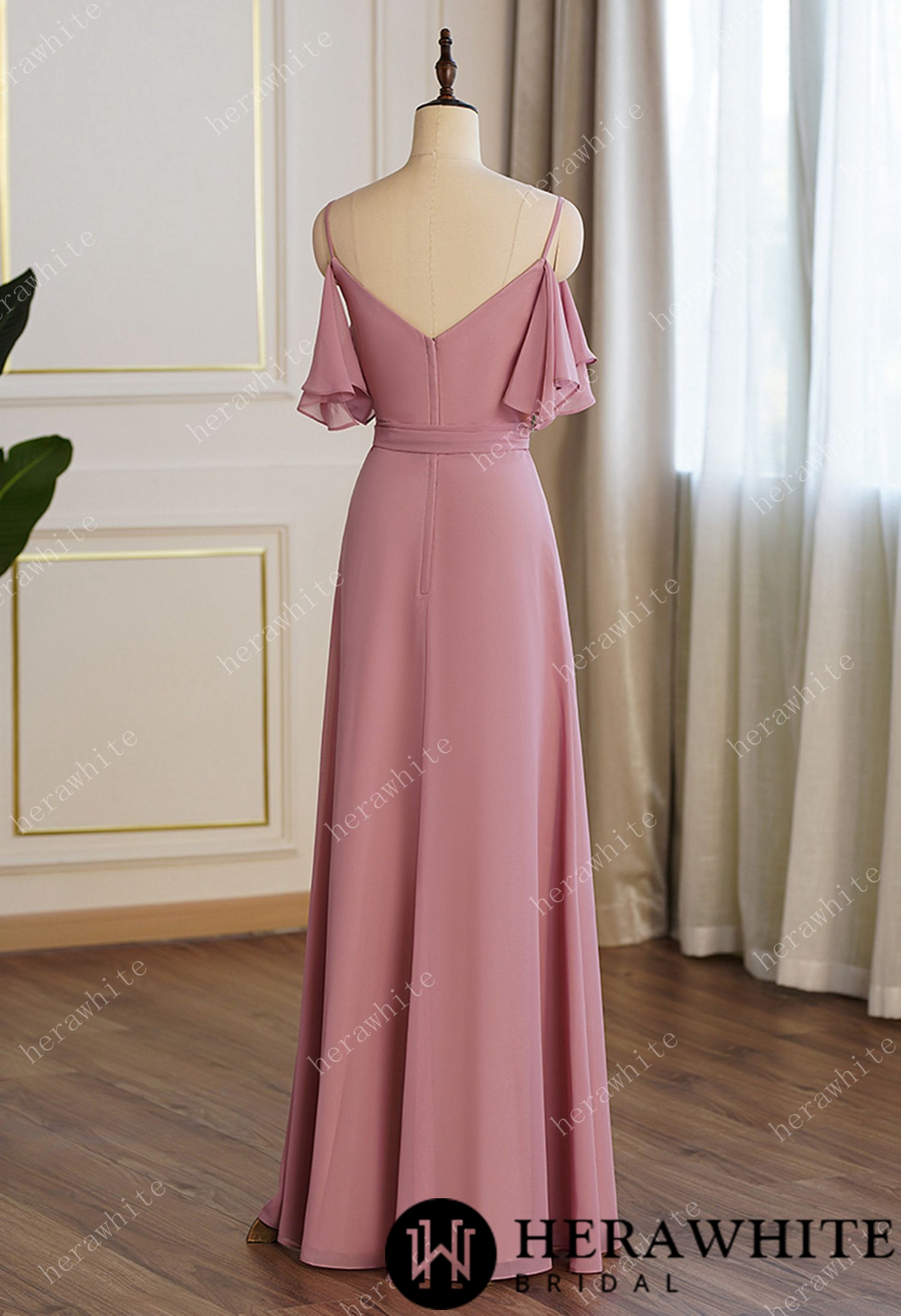 Off Shoulder Chiffon Long Bridesmaid Dress Pleated With Split