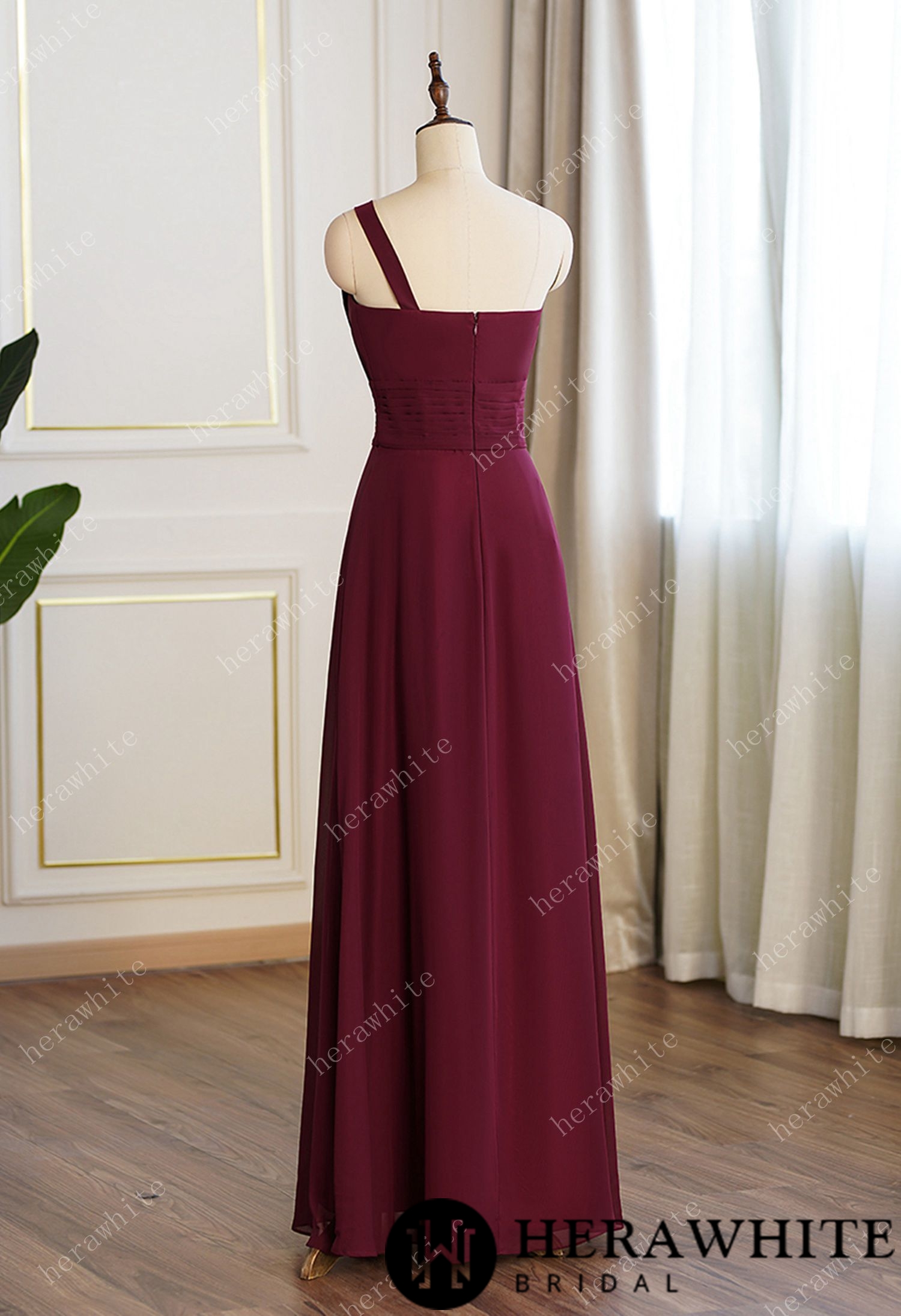 Aline Burgundy Chiffon One Shoulder Bridesmaid Dress