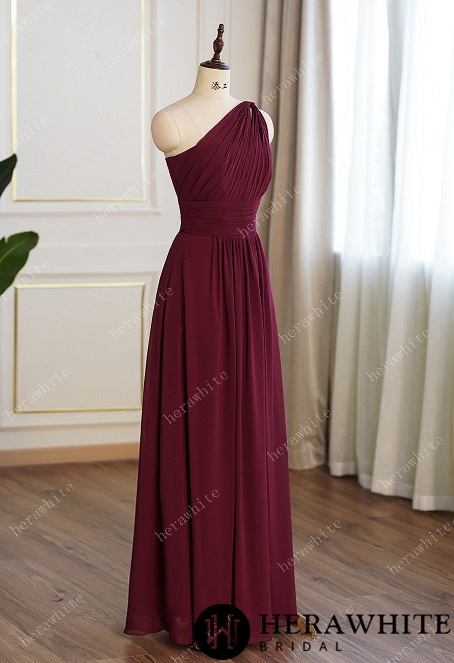 Aline Burgundy Chiffon One Shoulder Bridesmaid Dress
